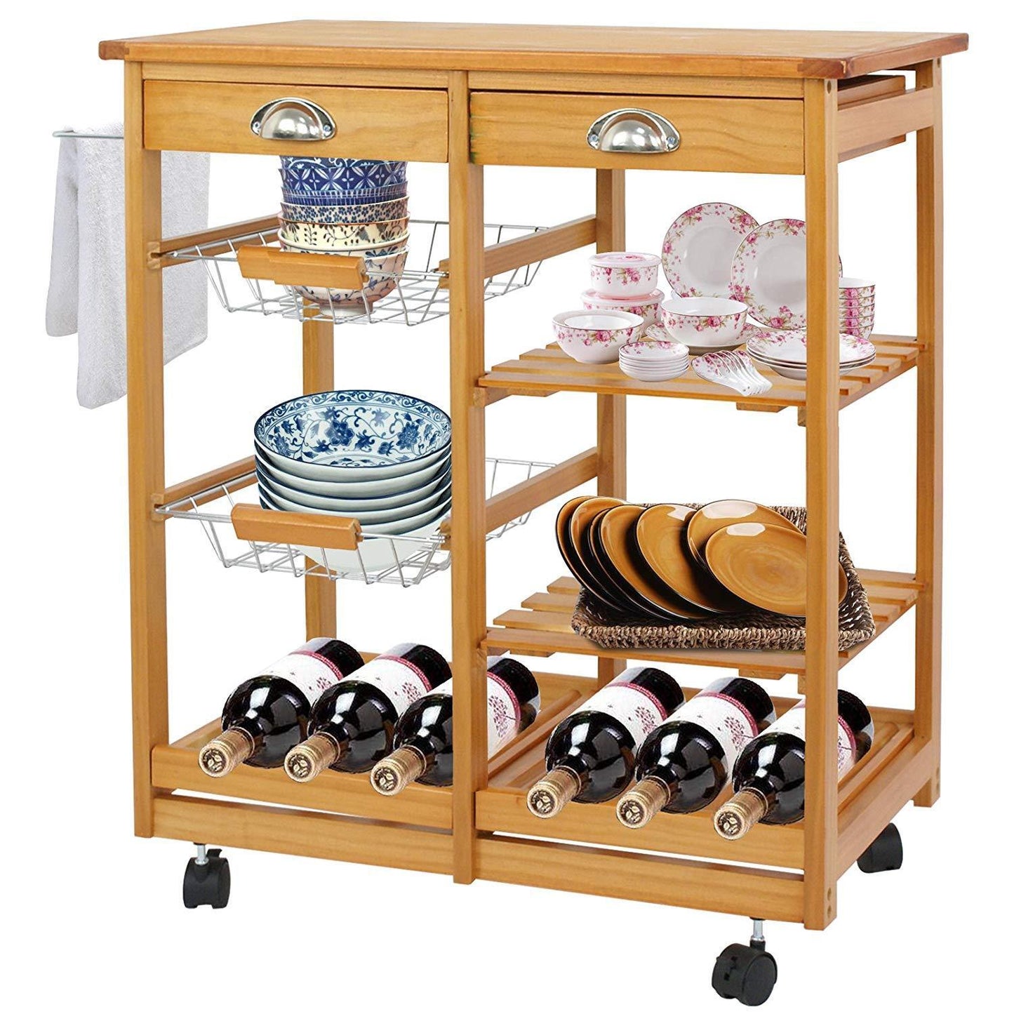 Wood Kitchen Storage Island Cart Dining Trolley Basket Stand Counter Top Table