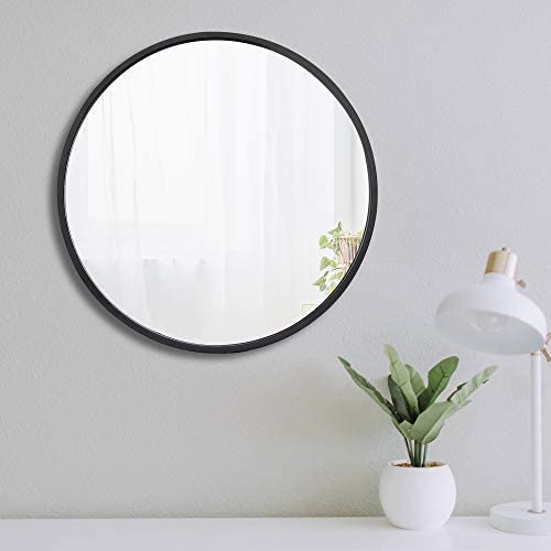 18 Inch Black Metal Framed Round Wall-Mounted Mirror for Bathroom, Wall Decor, Vanity, Living Room or Bedroom