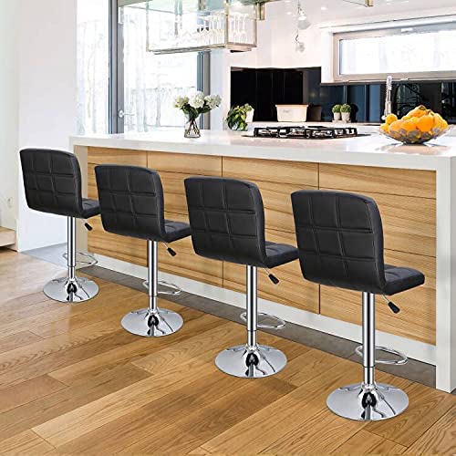 Adjustable Swivel Barstools Set of 2, Modern PU Leather Kitchen Counter Bar Stool/Chair, Square Back Bar Stool