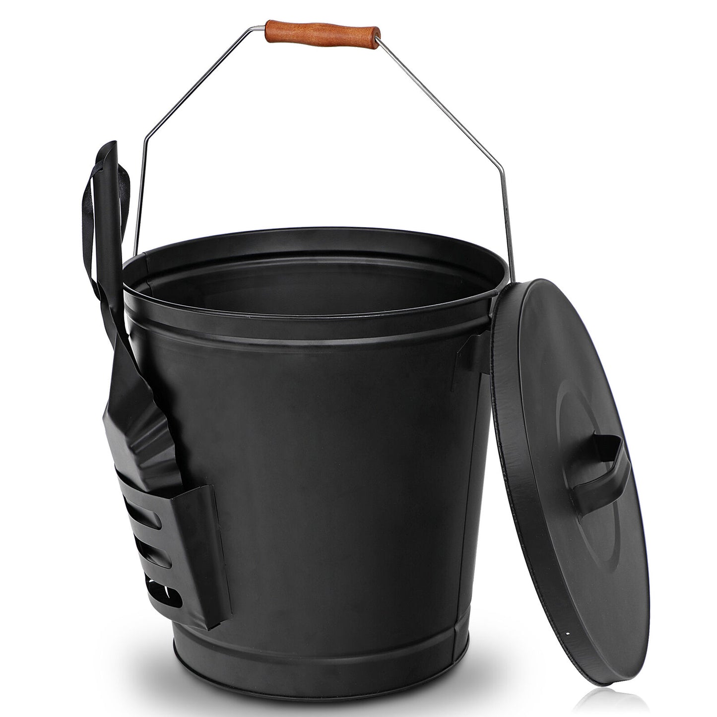 Black Metal Fireplace Ash Bucket With Shovel Lid Cover Fire Pits Stove Sturdy
