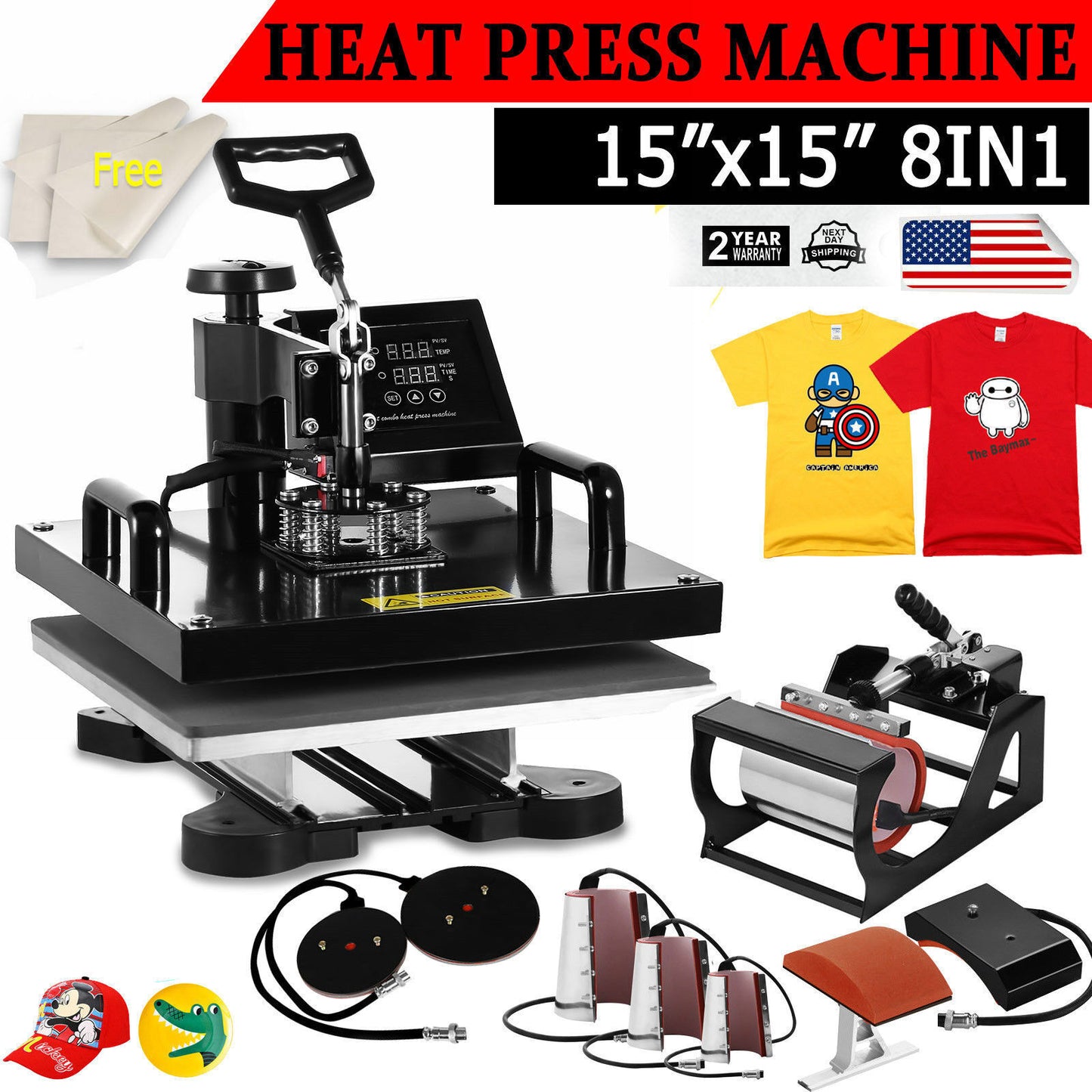 8 IN 1 T-Shirt Heat Press Printing Machine 15"x15" Sublimation Swing Away