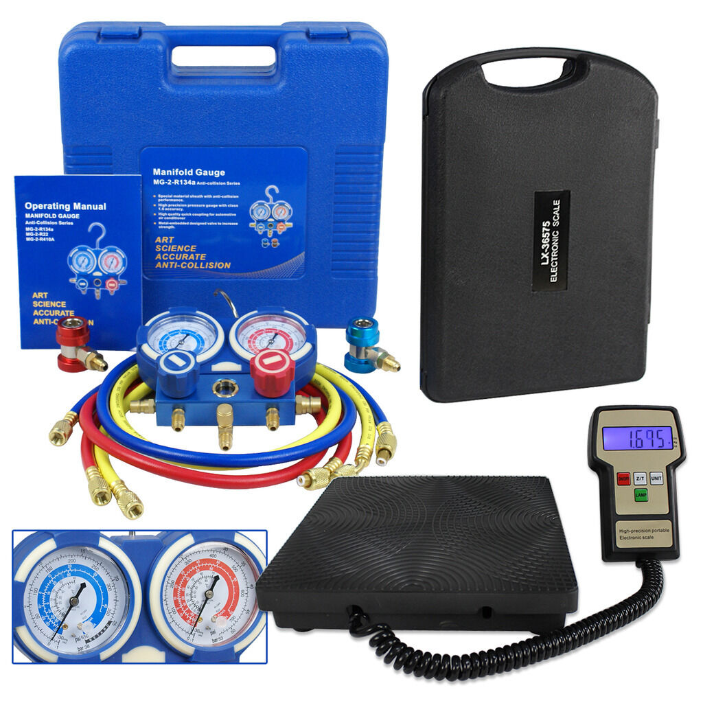 Deluxe Manifold Gauge Set R134a R410a R22 & Electronic Digital Refrigerant Scale
