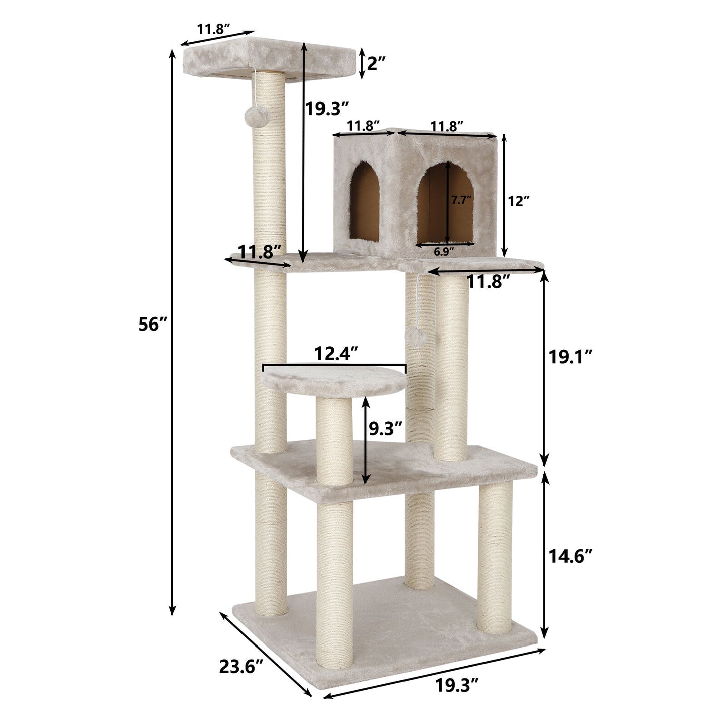 56 Inch Cat Tree Activity Tower Pet Kitty Furniture Sisal Rope Plush Fabrics