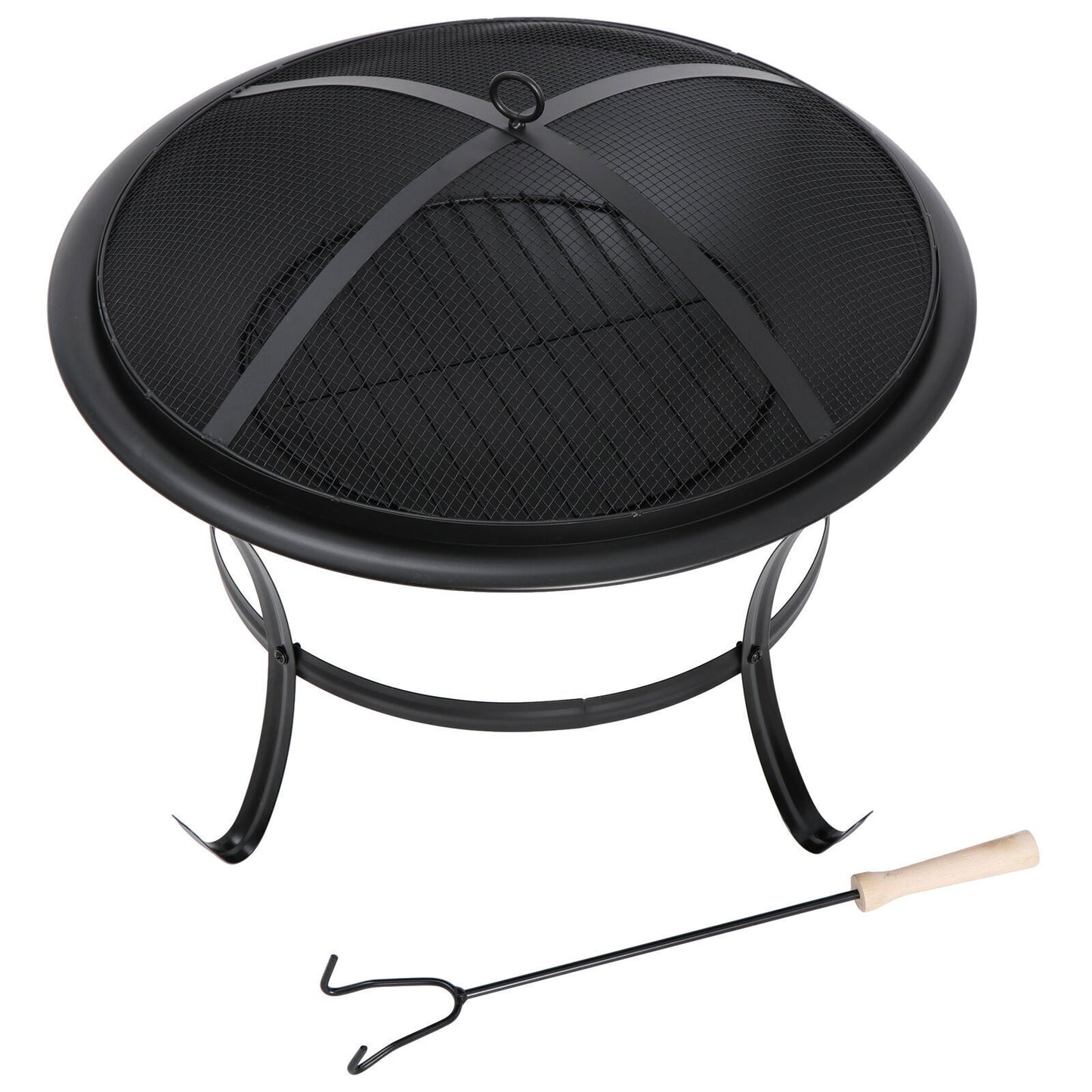 22" Round Fire Pit Patio Wood Burning Bowl Stove Fireplace W/ Lid Poker Black