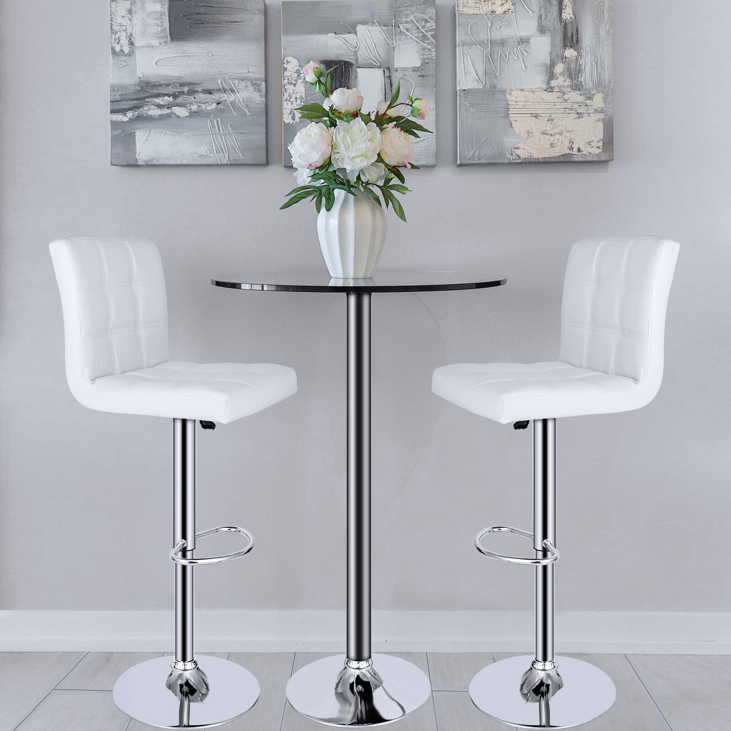 Set of 2 Adjustable Bar Stools PU Leather Modern Dinning Chair with White