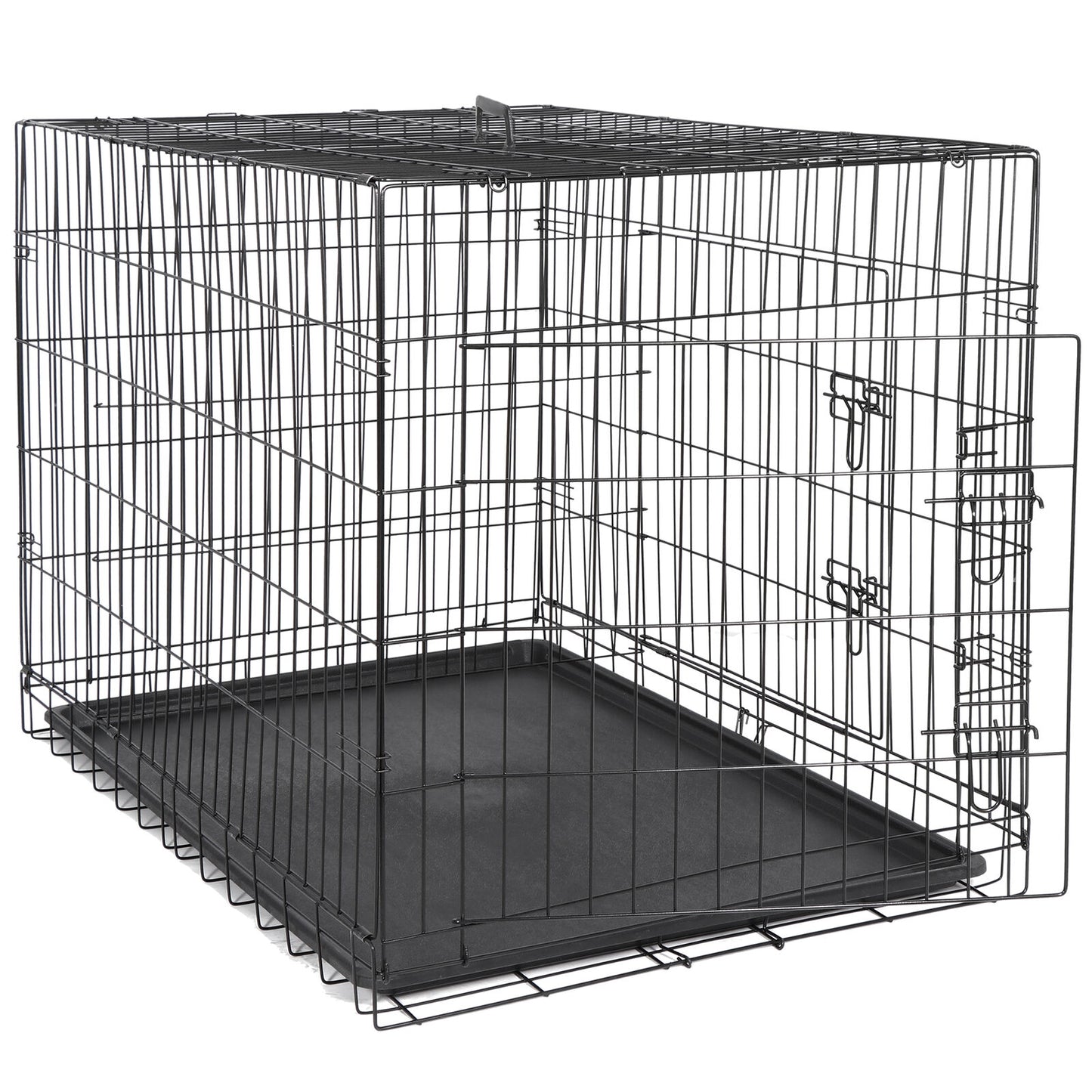 42" Dog Crate Kennel Folding Metal Pet Cage 2 Door With Tray Pan Black