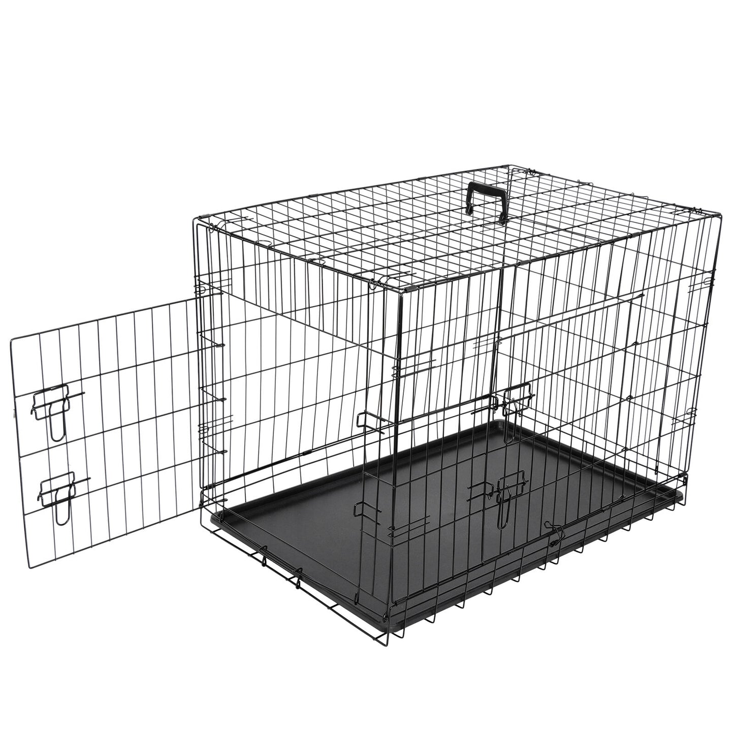 36" Black Metal Dog Crate Kennel Folding Pet Cage 2 Doors With Tray Pan