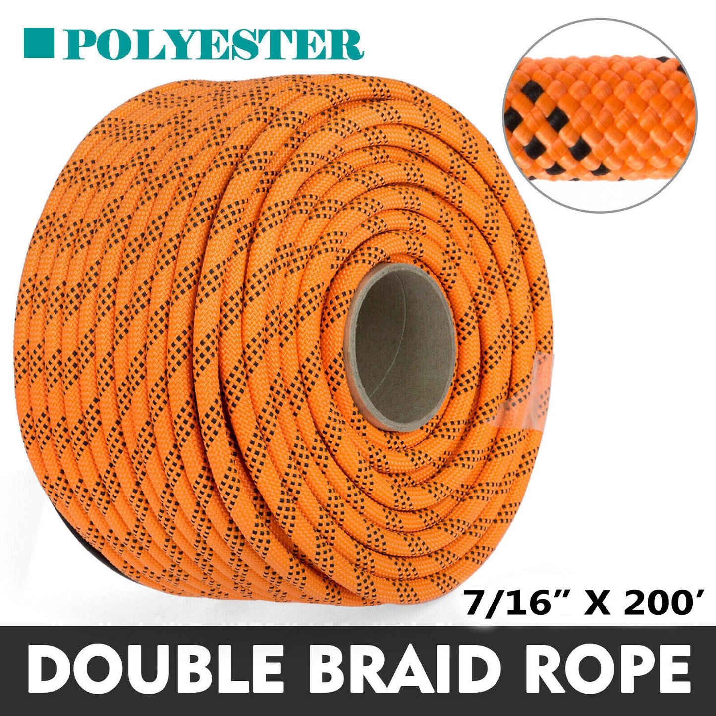 7/16" 200' Double Braid Polyester Rope 8400lbs Strength for Running Rigging