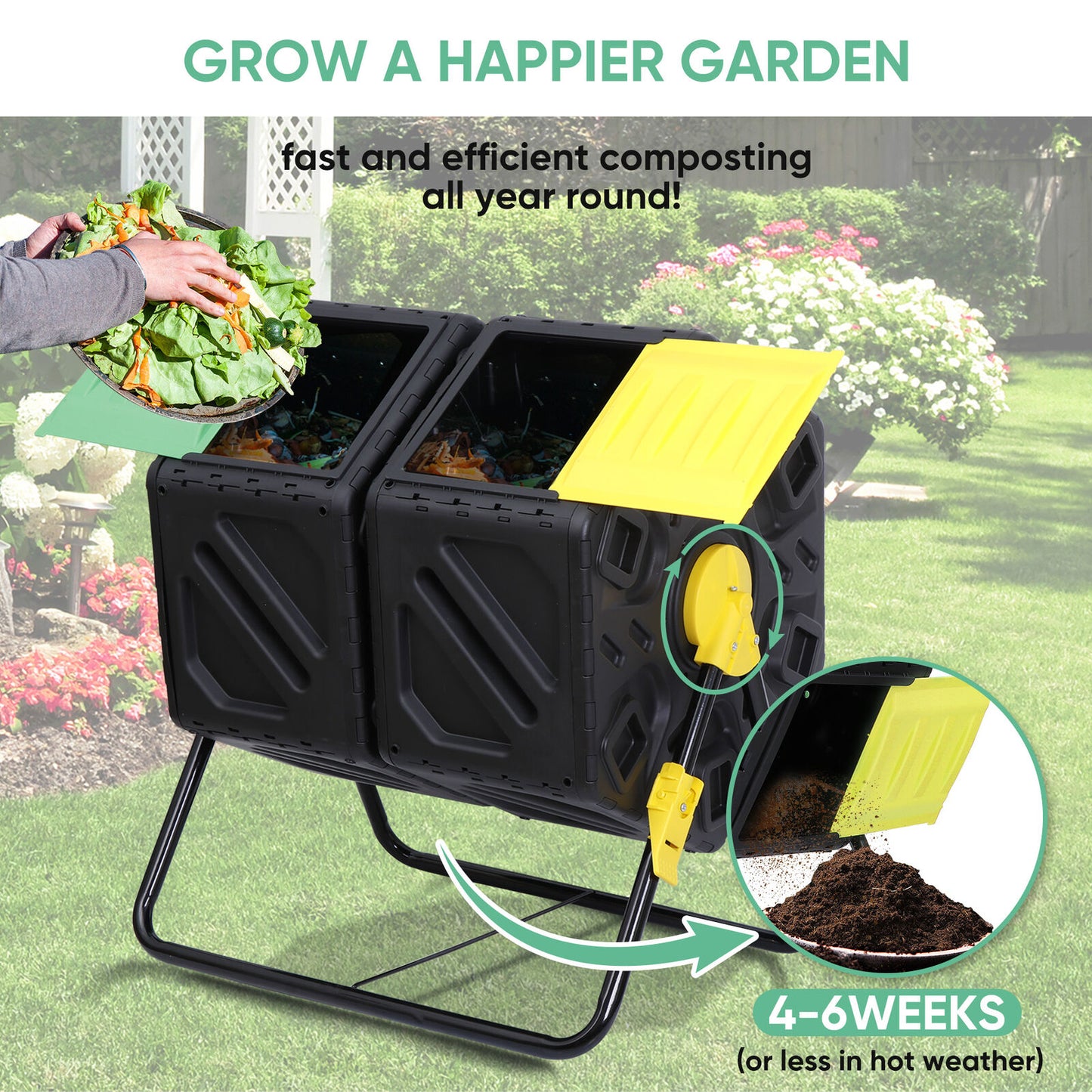 Compost Tumbler 37 Gallon Composter Bin Rustproof 360° Double Chamber W/ Gloves