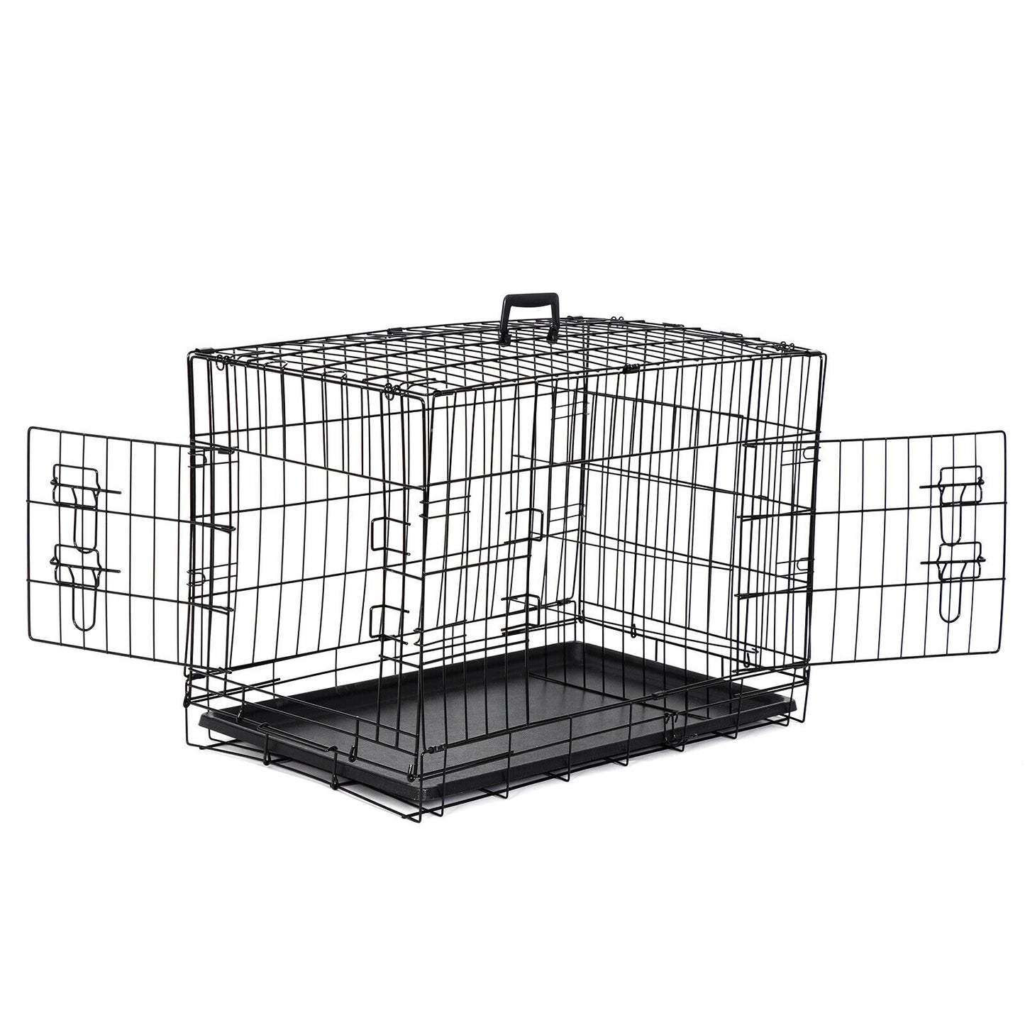 30"Double Door Dog Crates Folding Metal Pet Cat Cage Kennel with Tray in Black