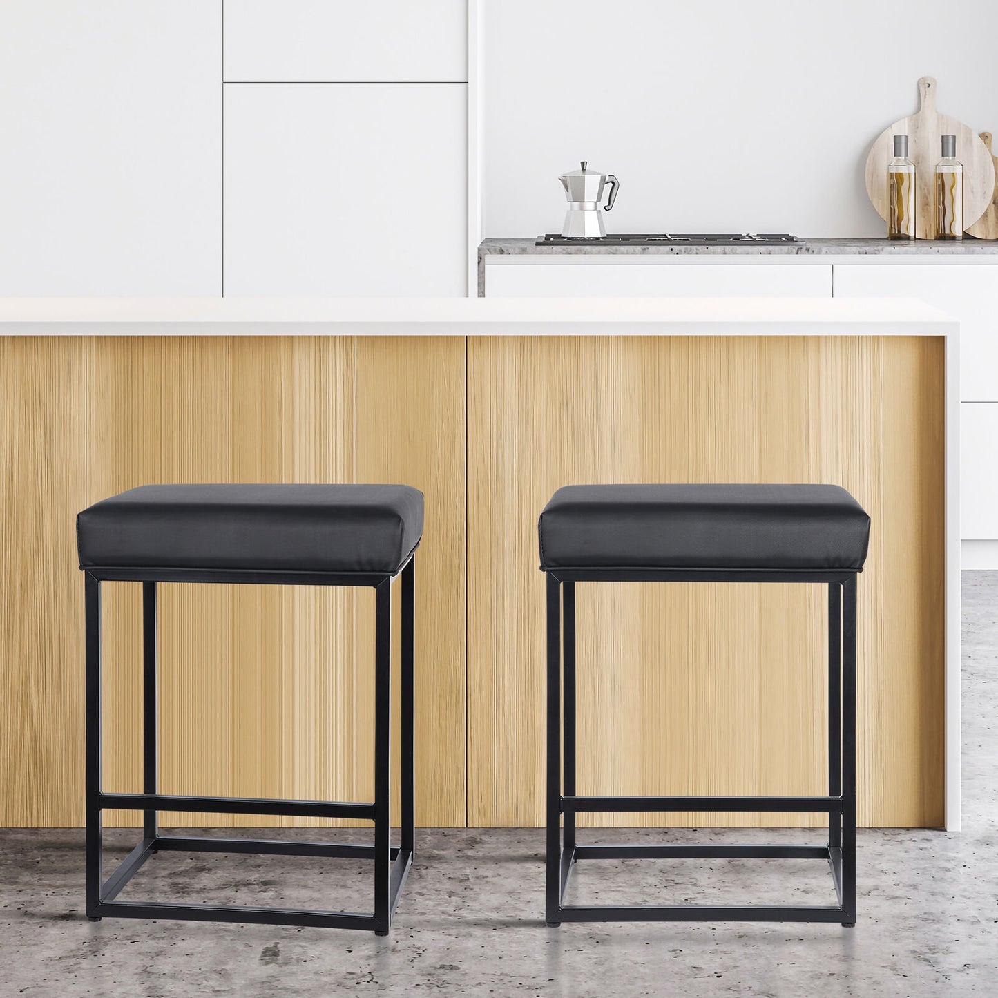 24" Set of 4 Counter Stools & Bar Stools Backless PU Leather With Footrest Black