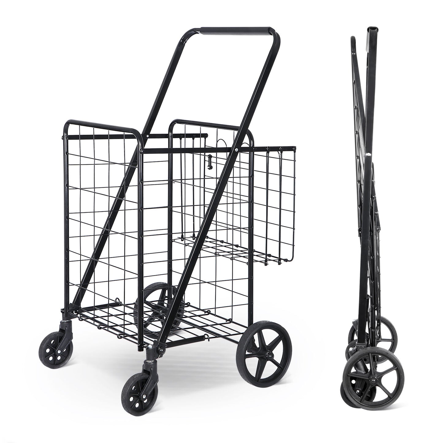 Folding Shopping Cart Utility Cart with Double Basket and Swivel Wheels