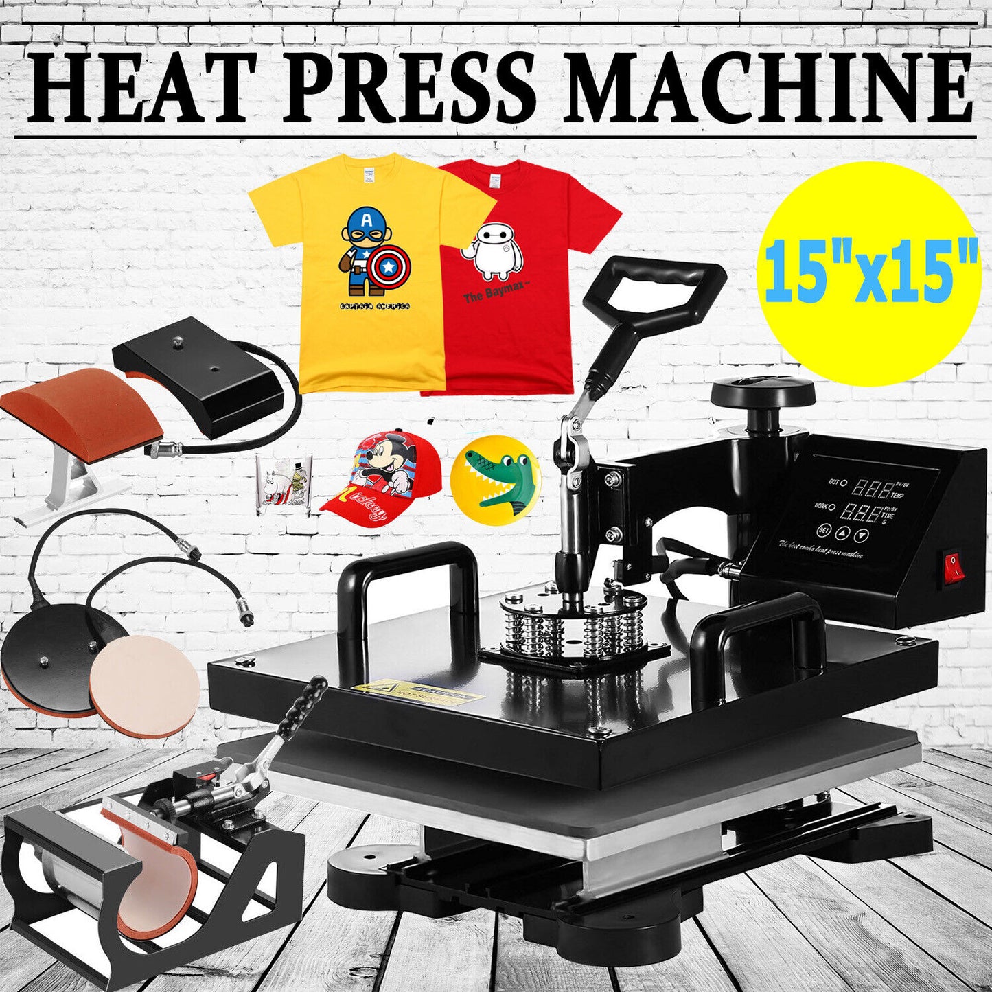 15"x15" 5 IN 1 T-Shirt Heat Press Printing Machine Swing Away Sublimation MUG