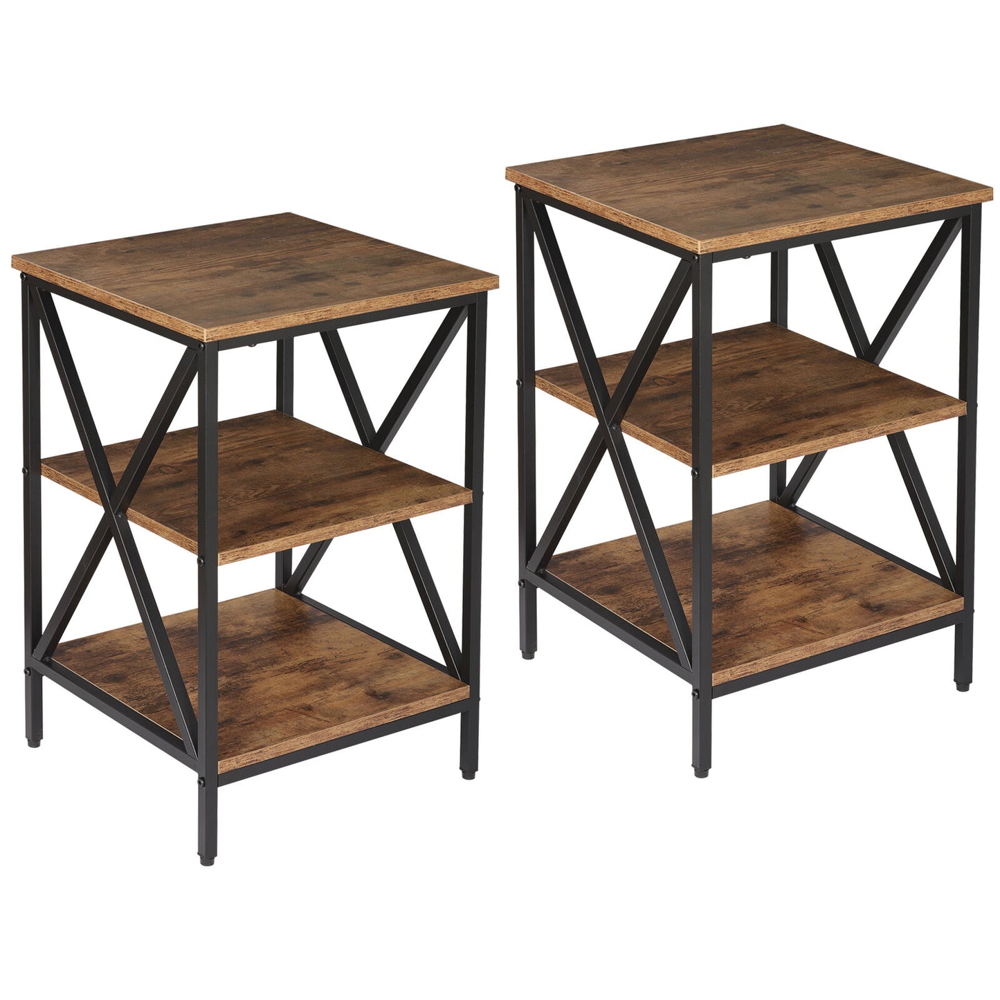 Set of 2 3-Tier Side Table X Design End Table Metal Frame Storage Shelves Brown
