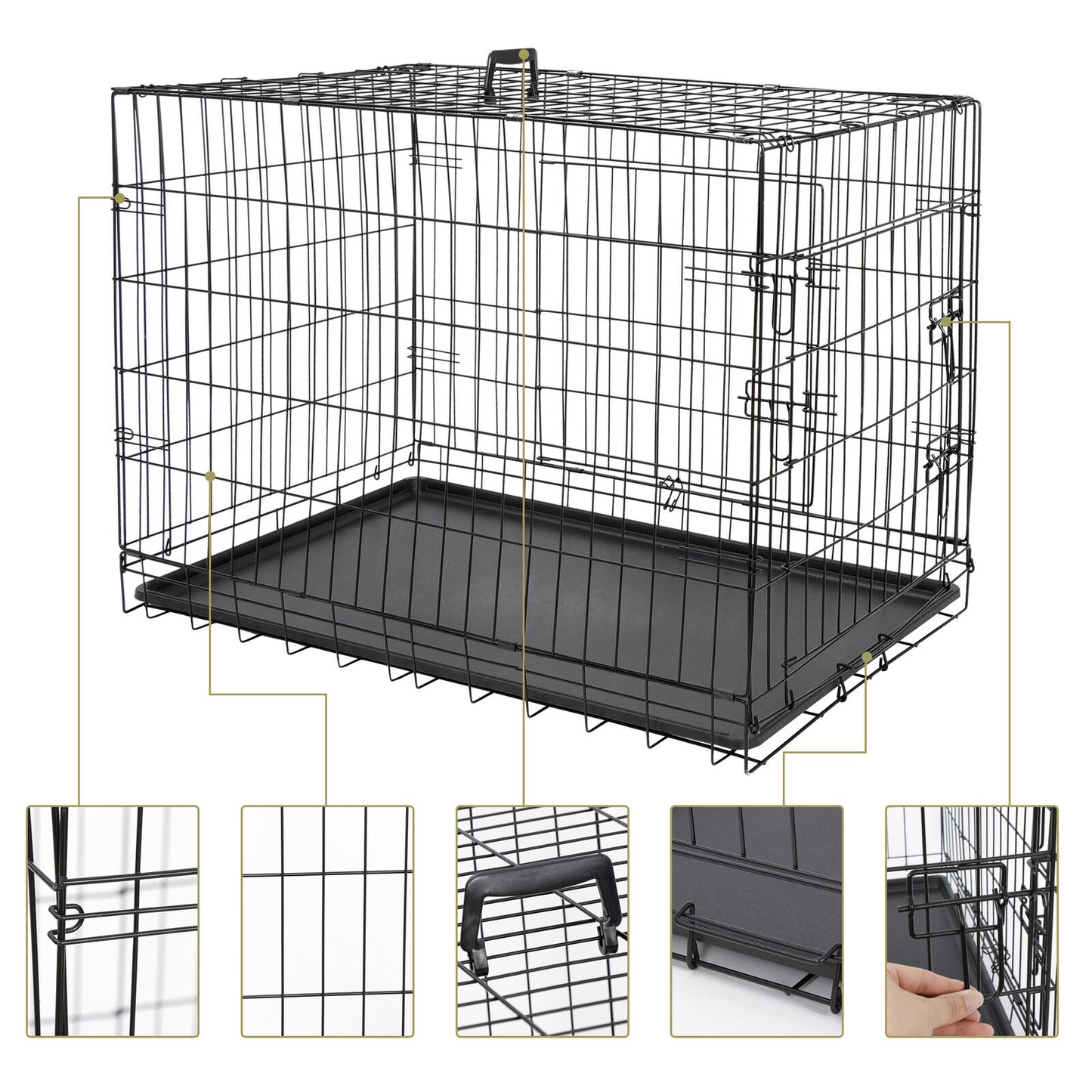36" Dog Crate Kennel Folding Metal Pet Cage 2 Door With Tray Pan Black