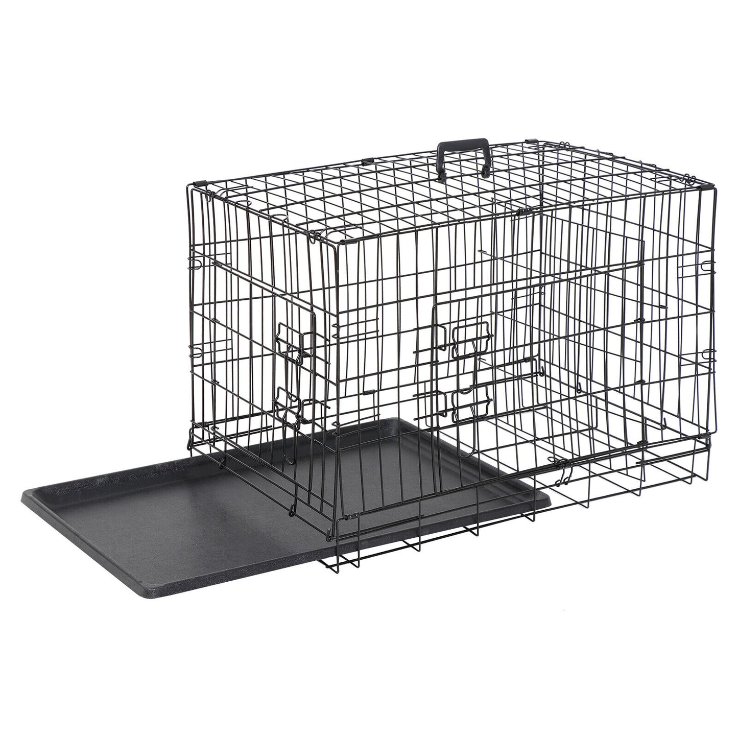 30"Double Door Dog Crates Folding Metal Pet Cat Cage Kennel with Tray in Black