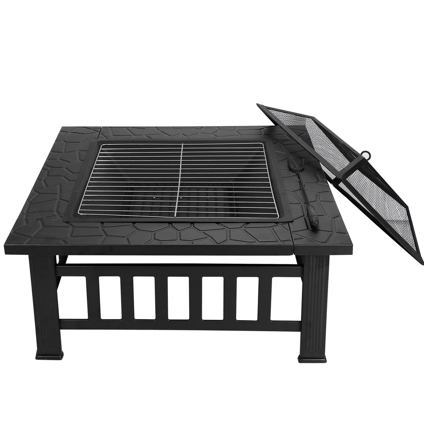 32"Wood Fire Pit Square Metal Backyard Patio Garden Stove W/Cover Outdoor Black