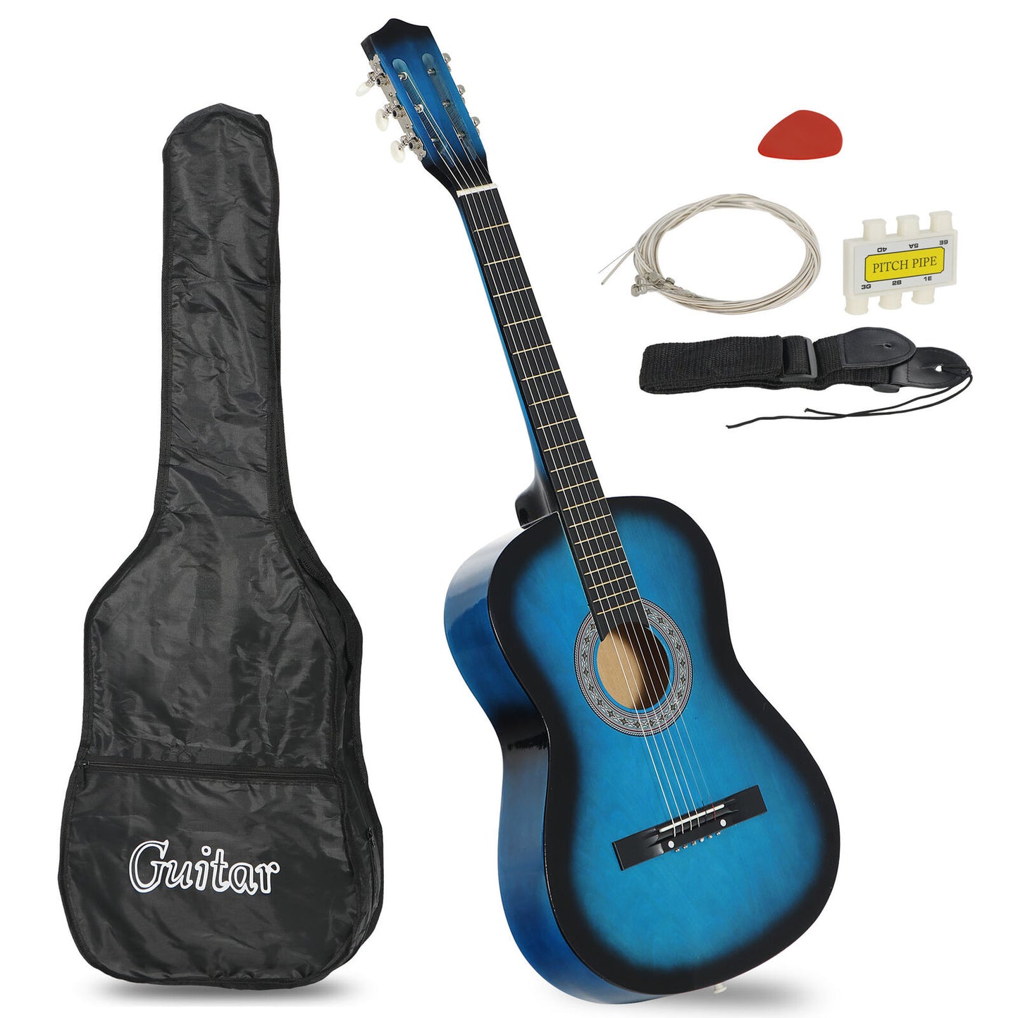 Beginners Acoustic Guitar w/Guitar Case, Strap, Tuner & Pick Steel Strings Blue