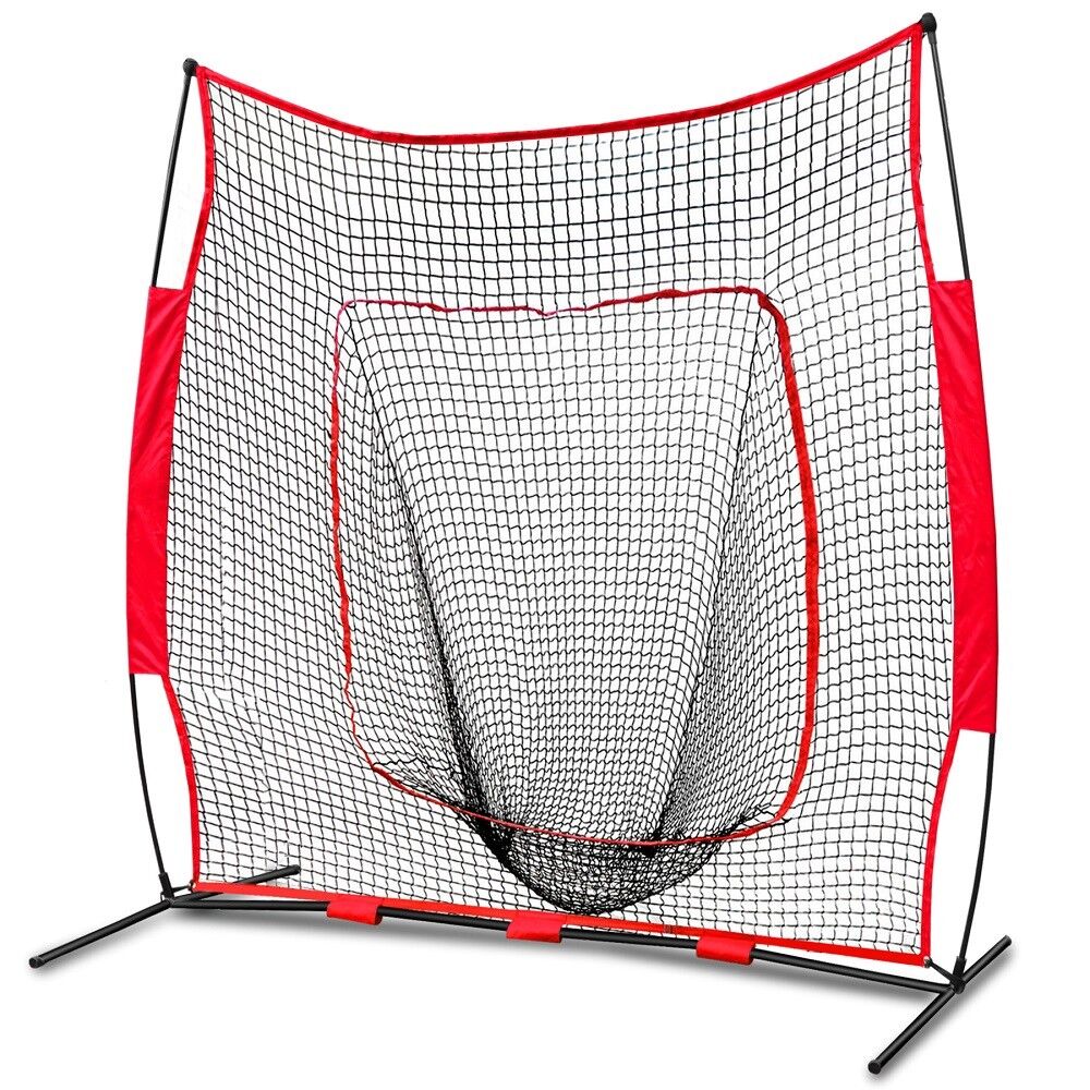 7'×7' Baseball Softball Practice Hitting Net Bow Frame W/Red Bag & Ball Caddy