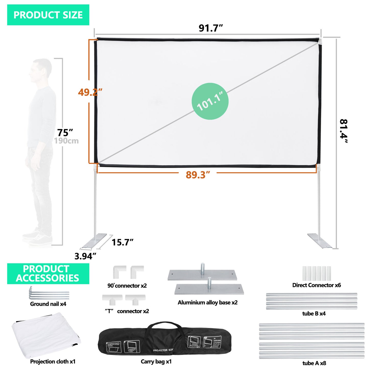 Projector Screen with Stand 100 inch Portable Projection Screen 16:9 4K Theater