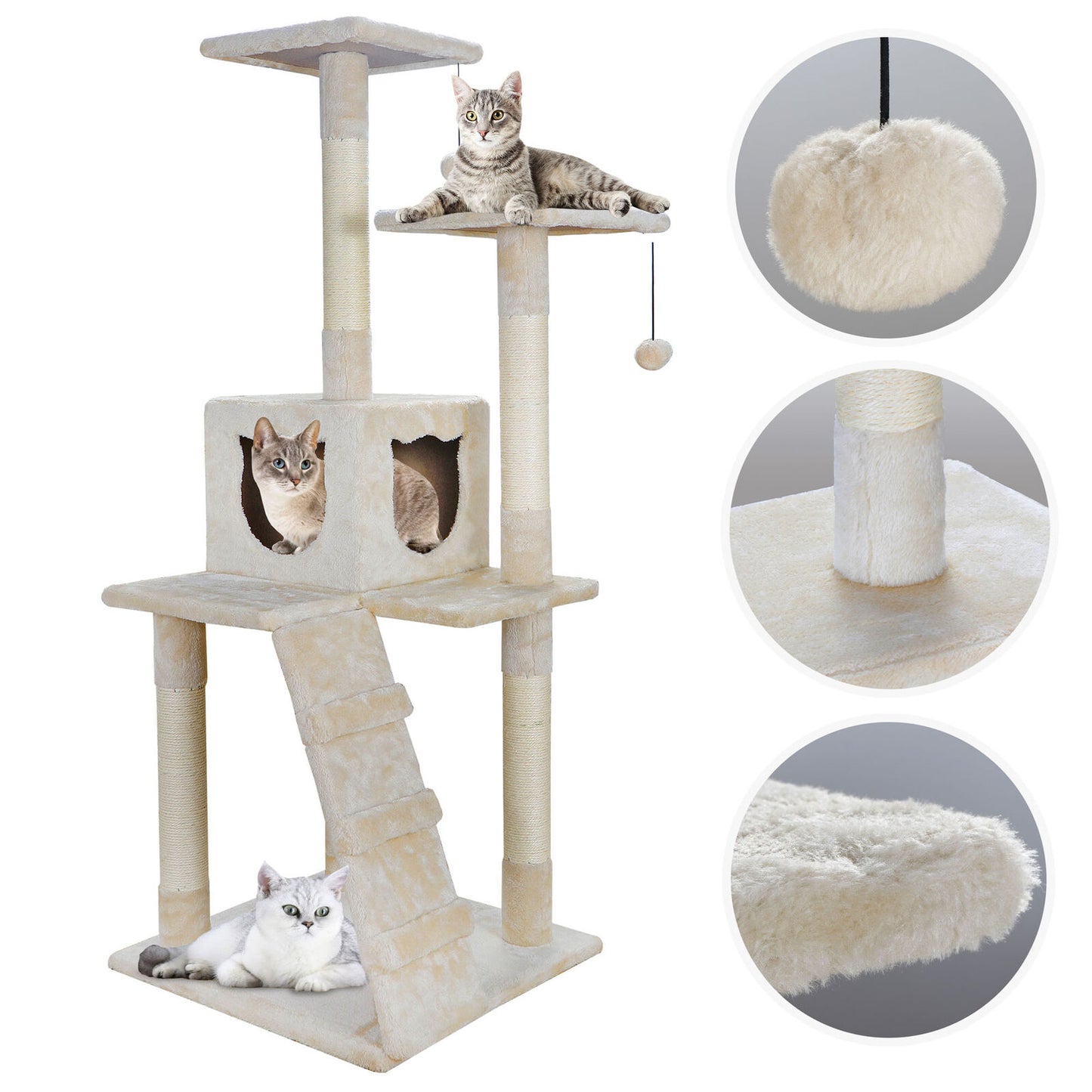 52" Cat Beige Tree Bed Furniture Scratching Tower Post Condo Kitten Pet House