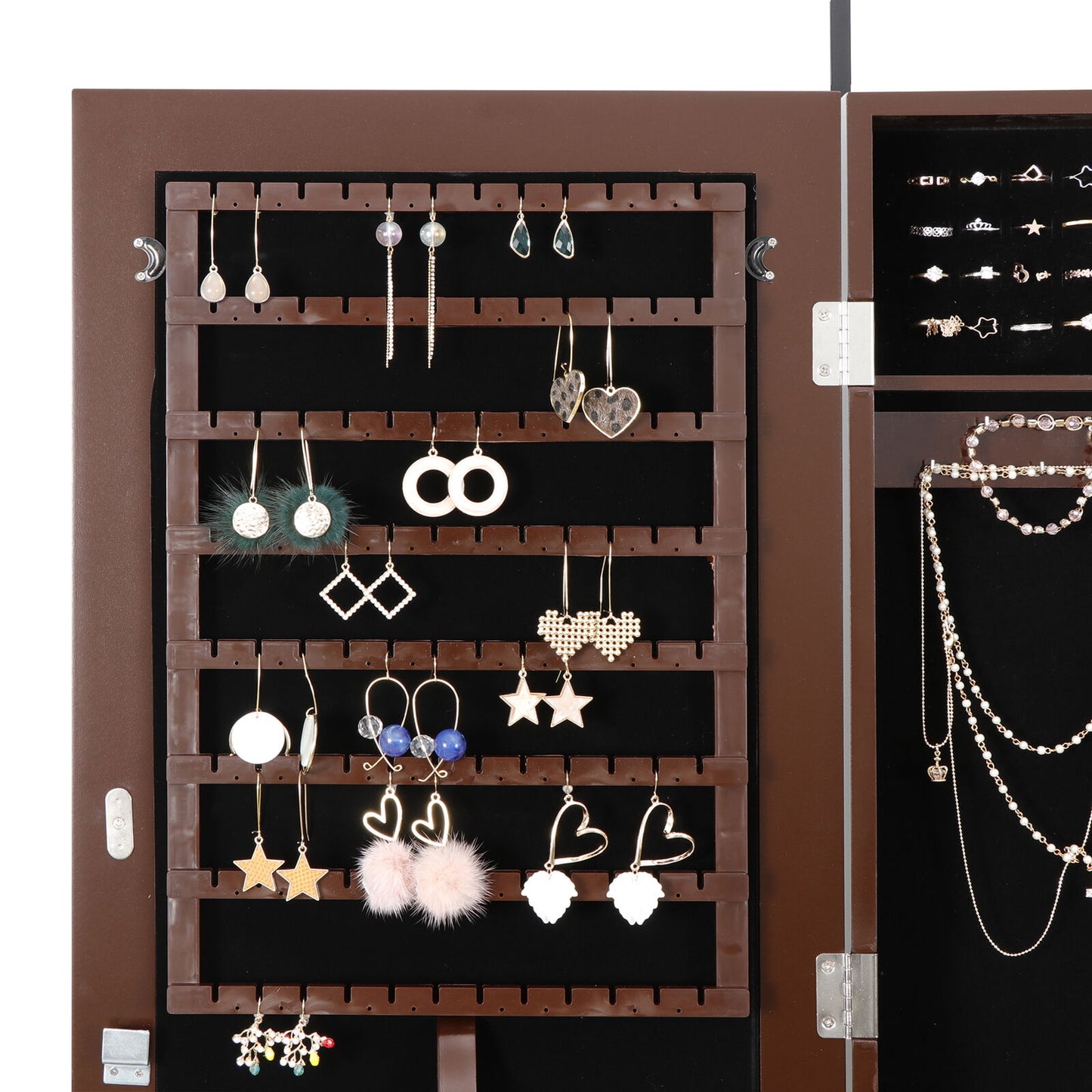 Brown Jewelry Cabinet Armoire Jewelry Box Organizer w/ Mirror Wall/ Door Mounted