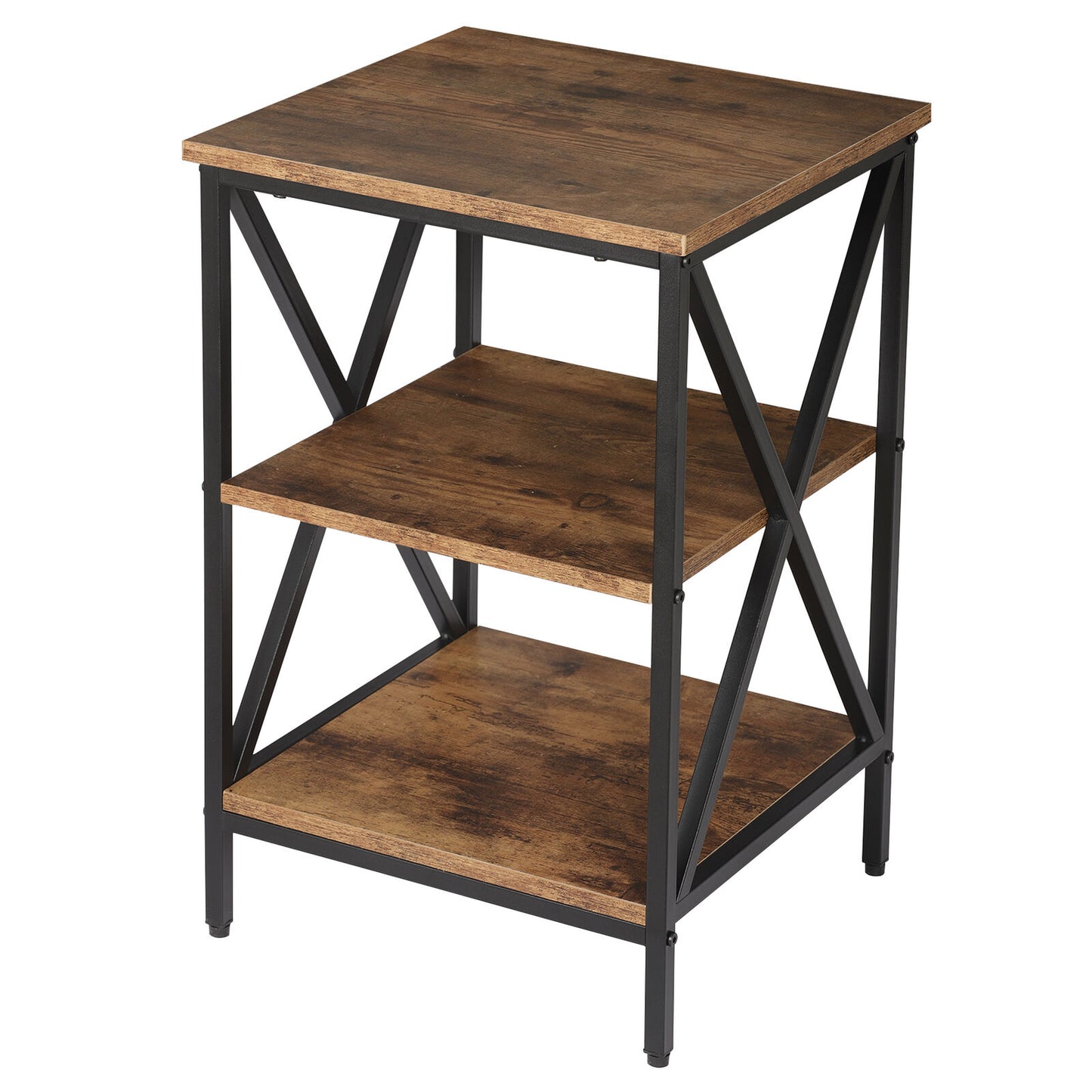 3-Tier Side Table X Design End Table Metal Frame W/Storage Shelves Rustic Brown