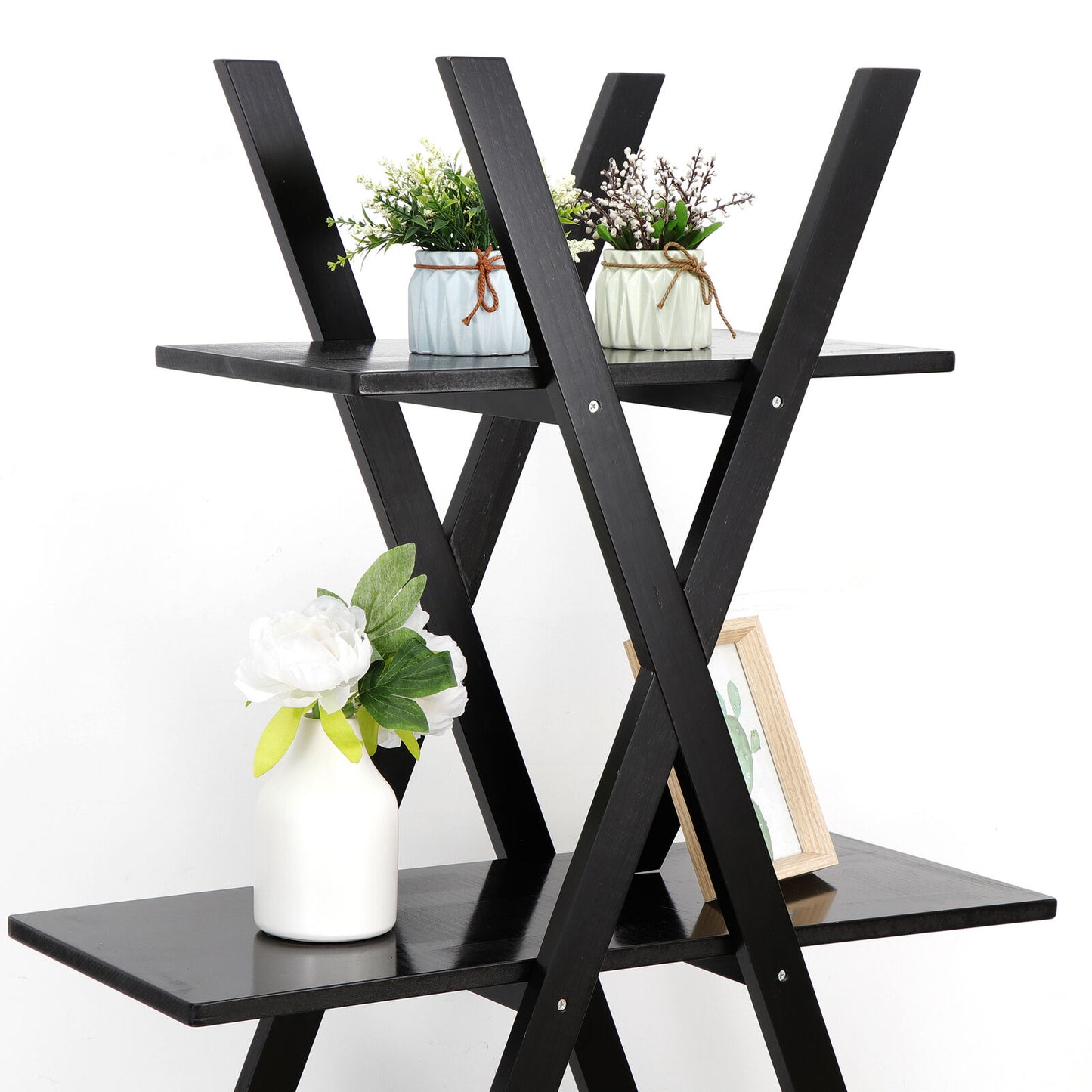 4 Tier Bookshelf Black Wood Ladder Plant Display Oxford A Frame Furniture