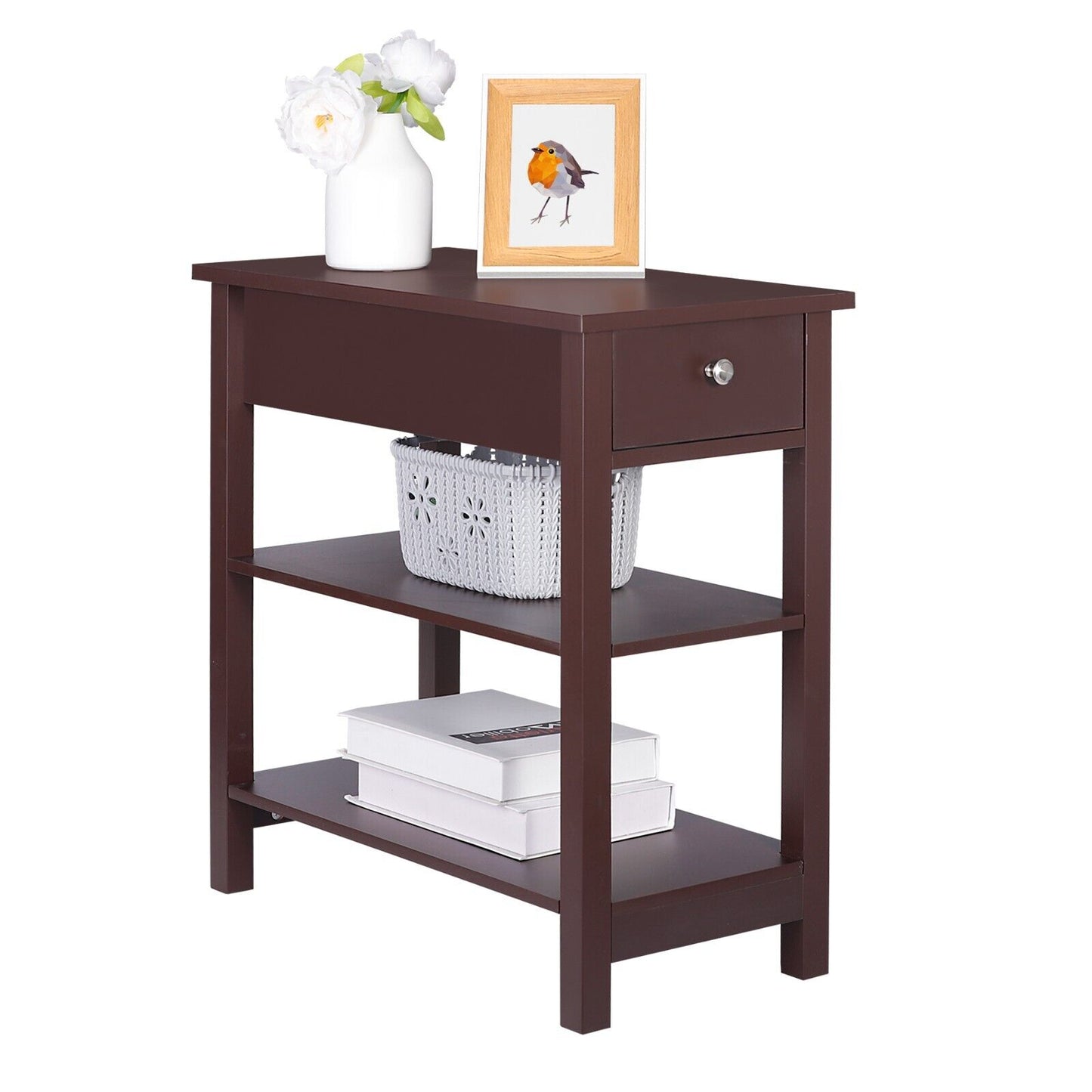 24"H 3-Tiers End Side Table Chairside Console Table with 1 Drawer Storage Brown