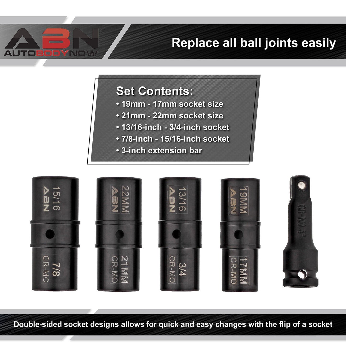 ABN Double Side Lug Nut Socket Set, 5Pc - 1/2-Inch Drive Flip Impact Sockets