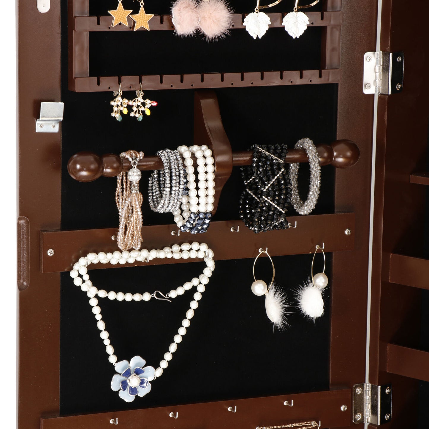 Brown Jewelry Cabinet Armoire Jewelry Box Organizer w/ Mirror Wall/ Door Mounted