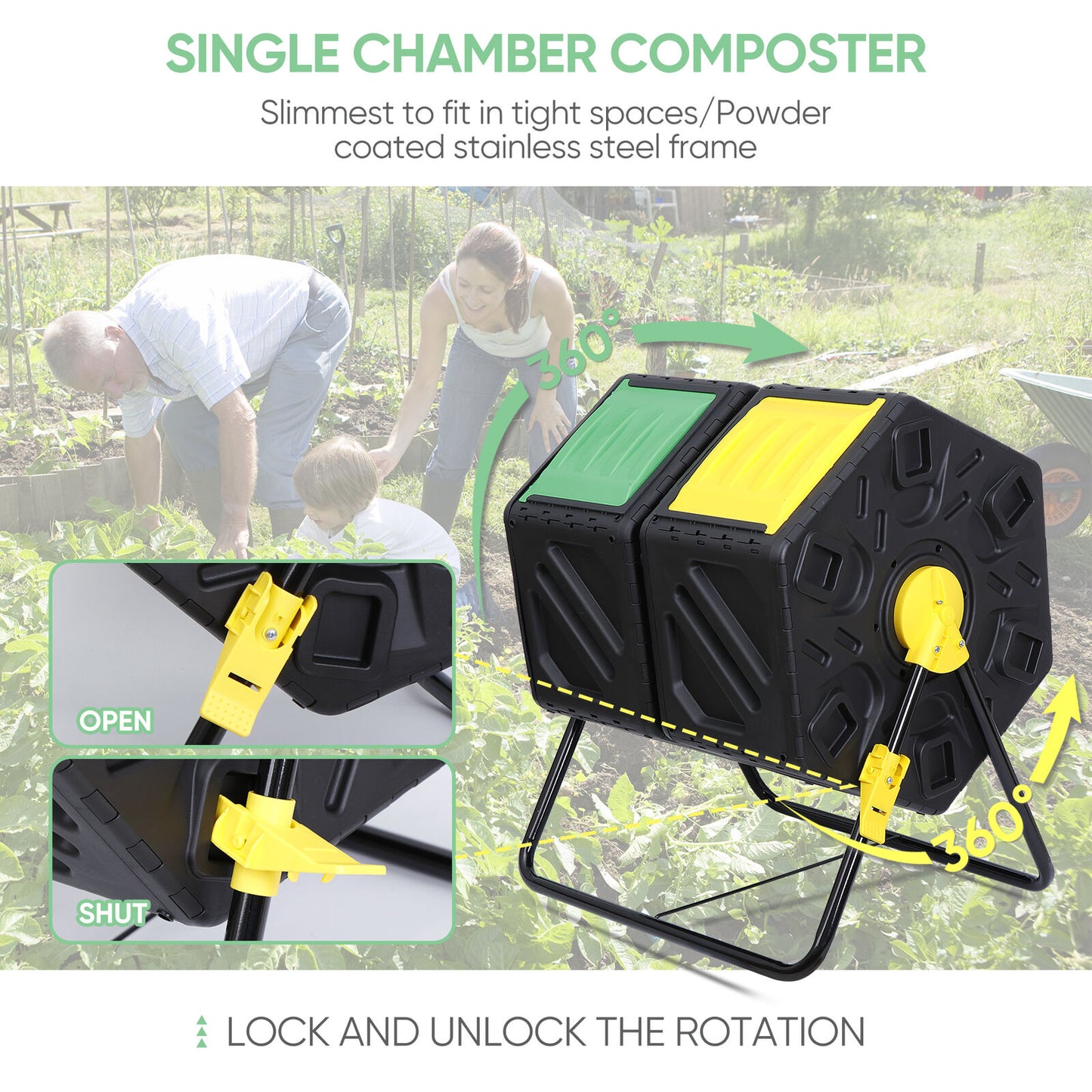 Compost Tumbler 37 Gallon Composter Bin Rustproof 360° Double Chamber W/ Gloves