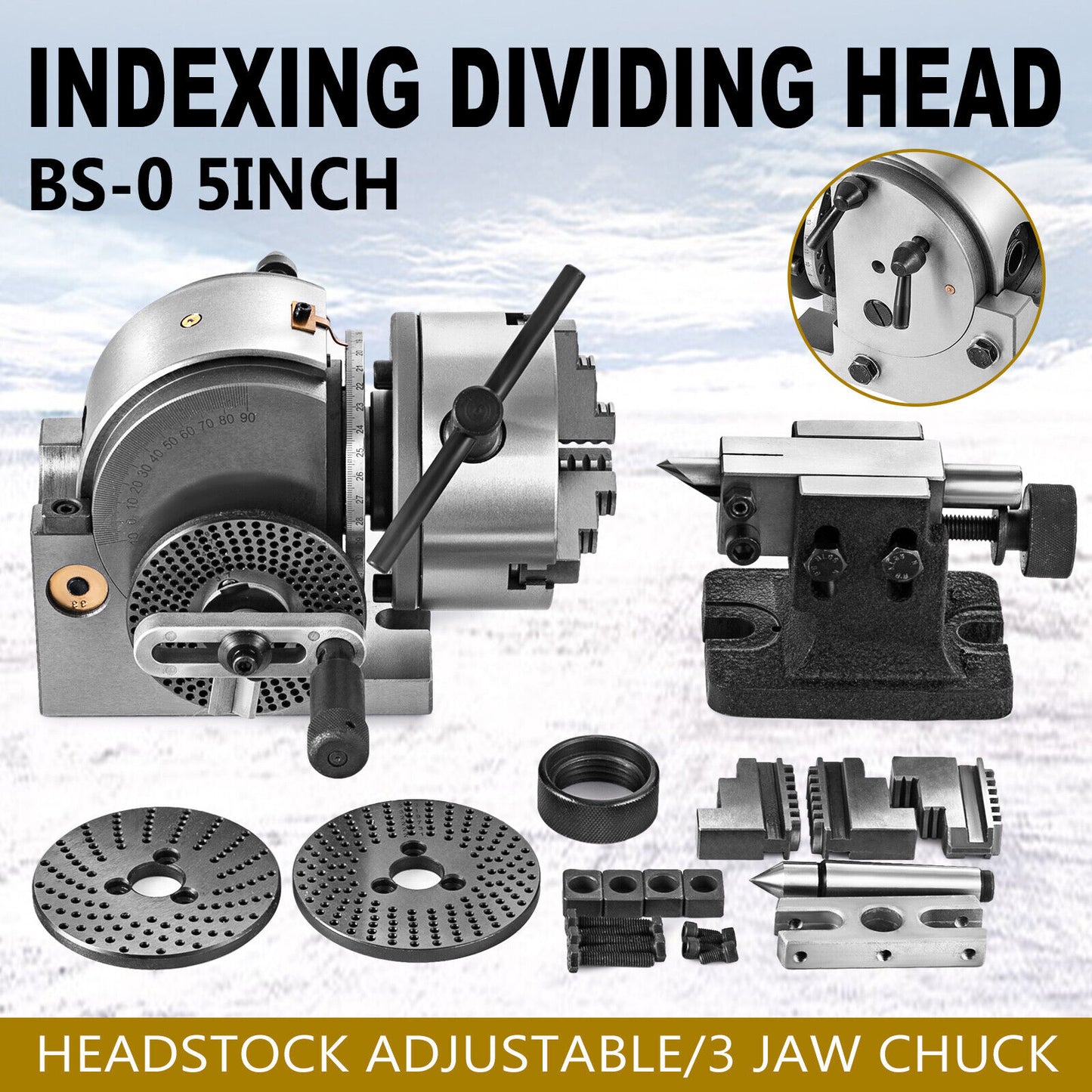 BS-0 Semi 5" Indexing Spiral Dividing Head 3-Jaw Chuck Tailstock For CNC Milling