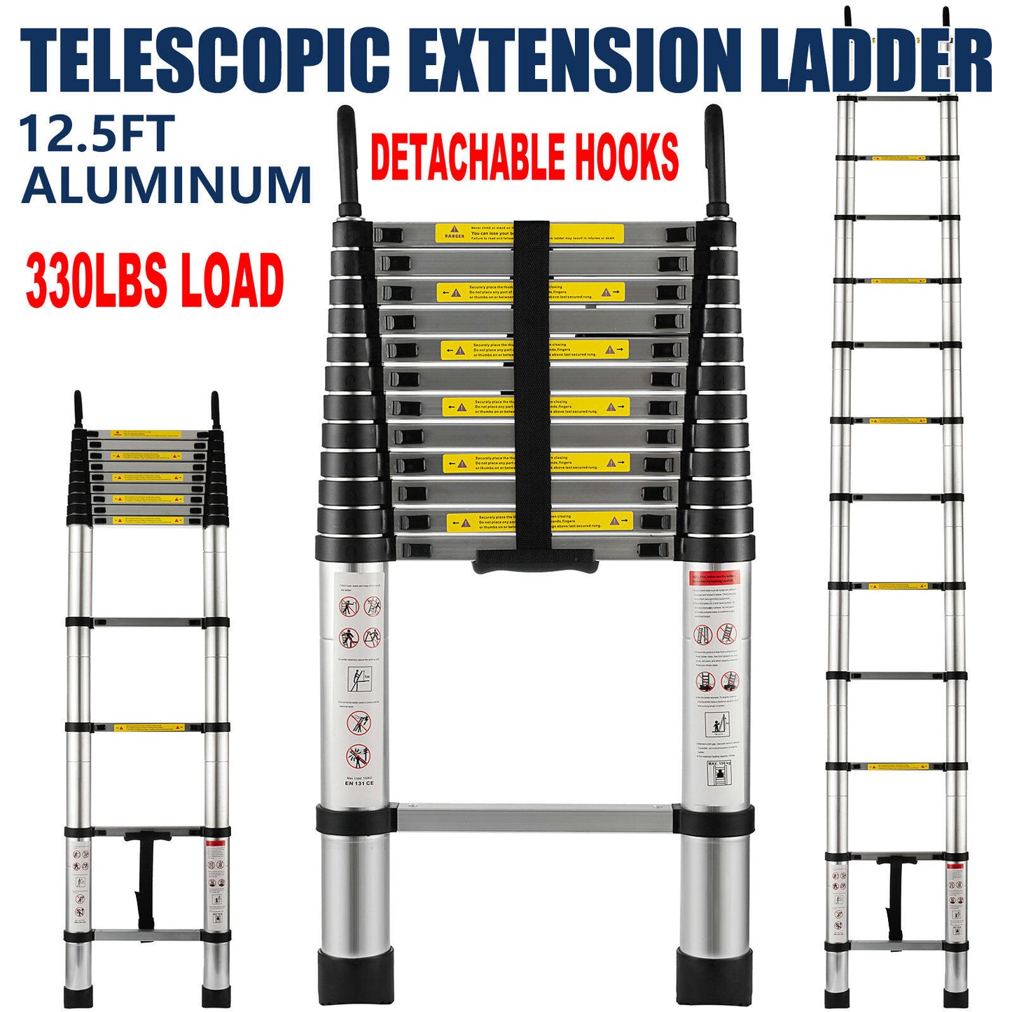 12.5 FT Aluminum Folding Extension Telescopic Ladder Non-Slip w/ Hooks