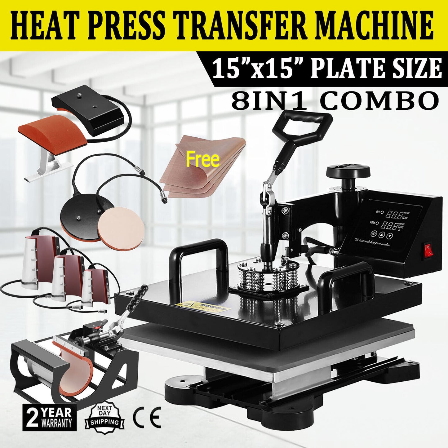 8IN1 Combo Heat Press Machine 15"x15" Sublimation Transfer T-Shirt Mug Plate Hat