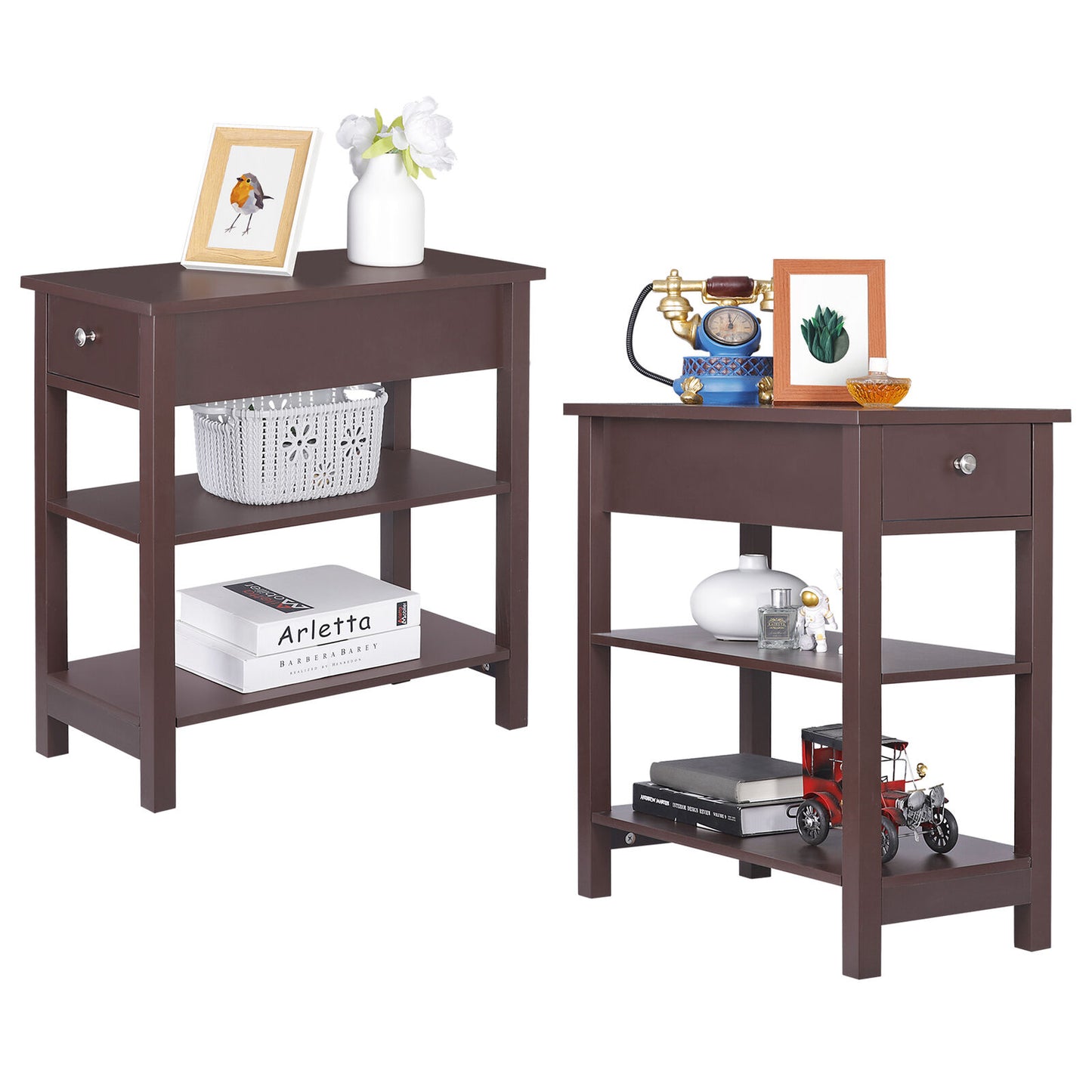 2PCS 24" 3-Tiers End Side Table Chairside Console Table W/1 Drawer Storage Brown