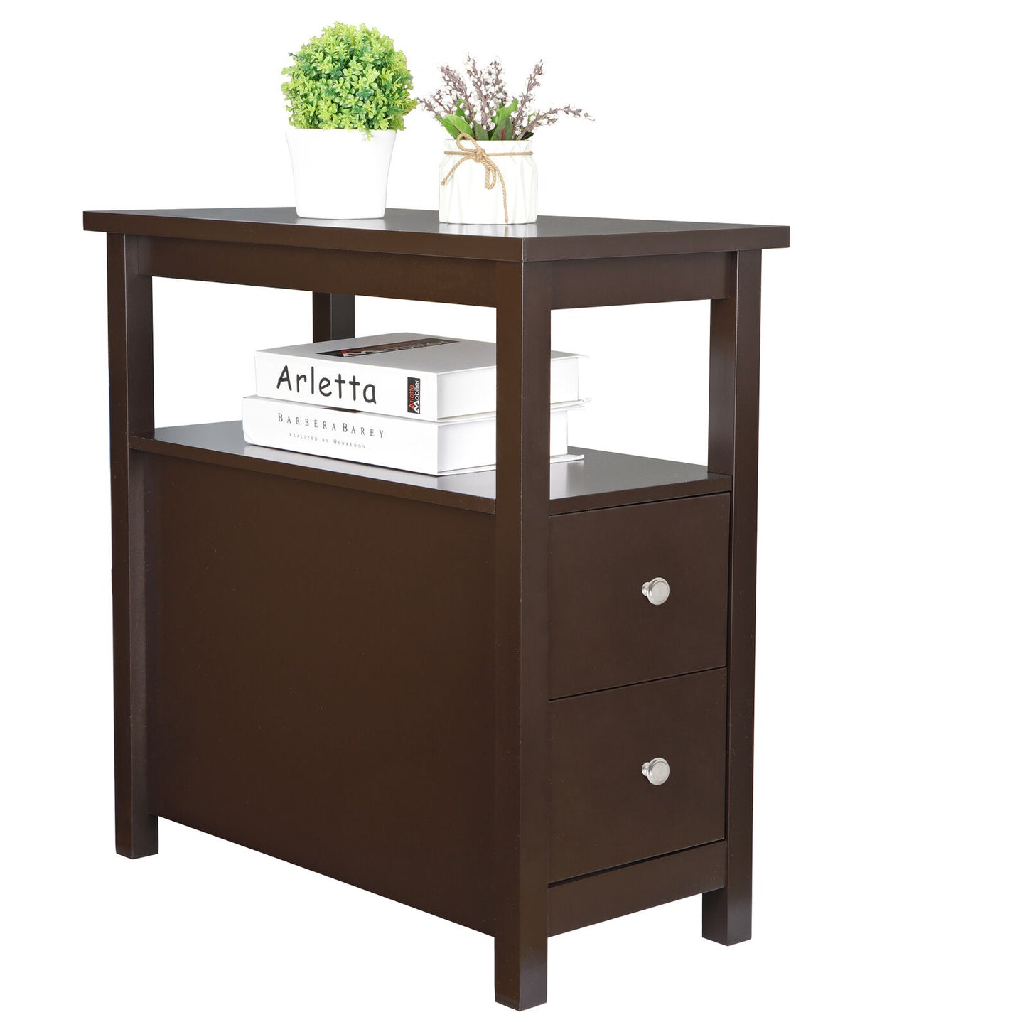 Chairside End Table with 2 Drawer and Shelf Narrow Stand for Living Room