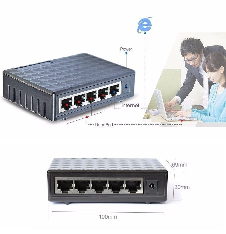 New RJ45 MINI 5-Ports Fast Ethernet Network Black Switch Hub for Desktop PC