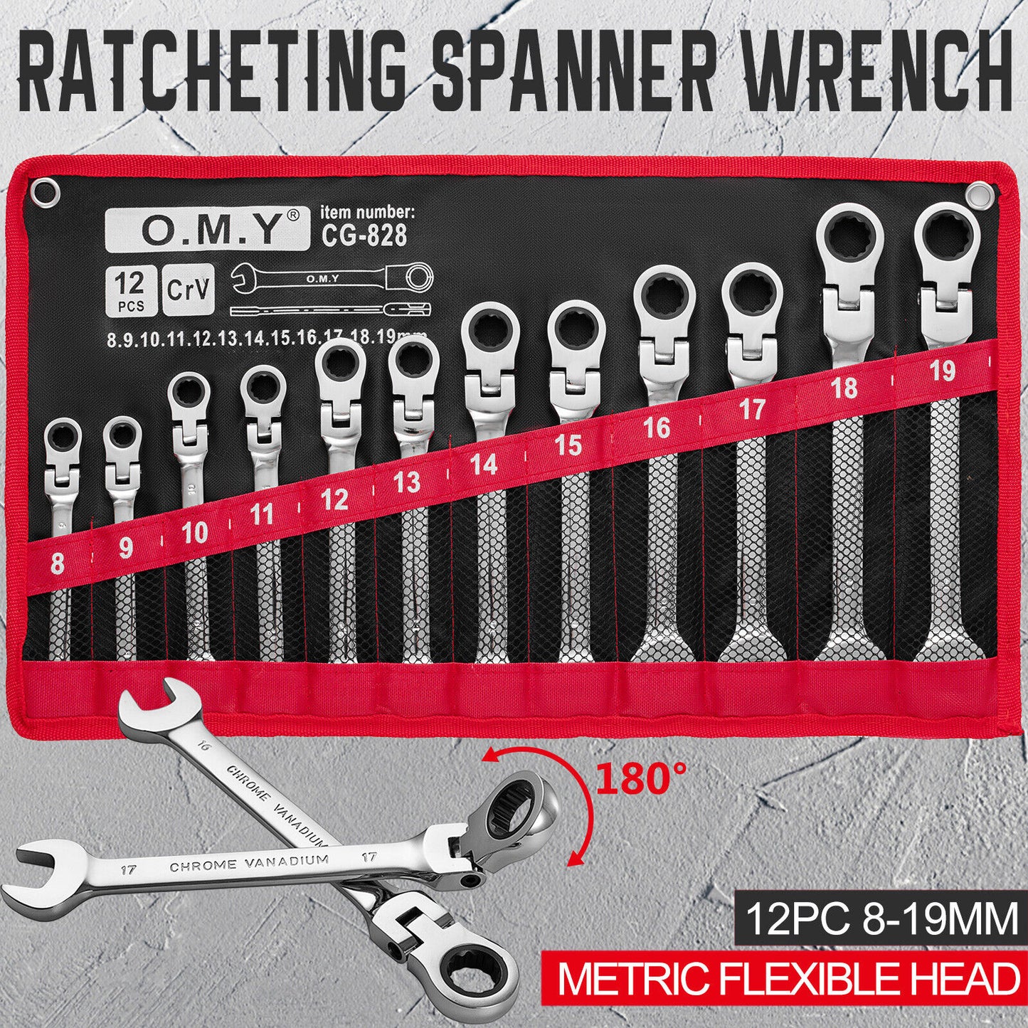 12Pc 8-19mm Metric Flexible Head Ratcheting Wrench Combination Spanner Tool Set
