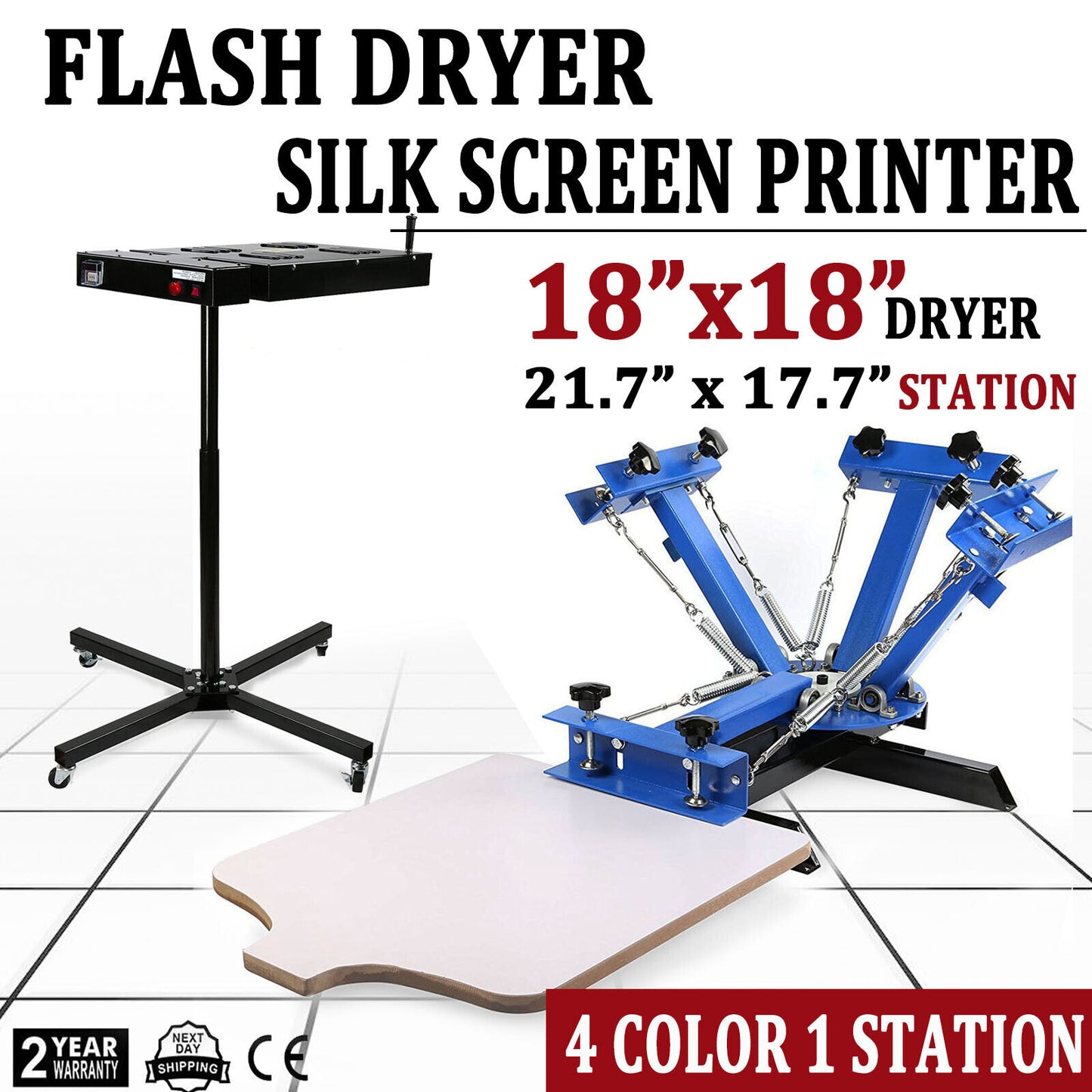4 Color T-Shirt Silk Screen Printing Equipment + Flash Dryer Press Kit 1 Station