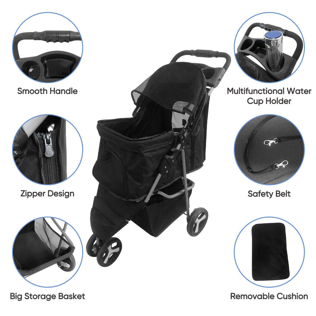 Dog Stroller Pet Cat Carrier Cart Flodable Travel W/Cup Holder 3 Wheels Black