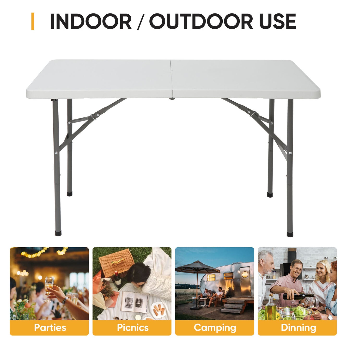 4FT Plastic Folding Table Fold-in-Half Picnic Camping Table with Carrying Handle