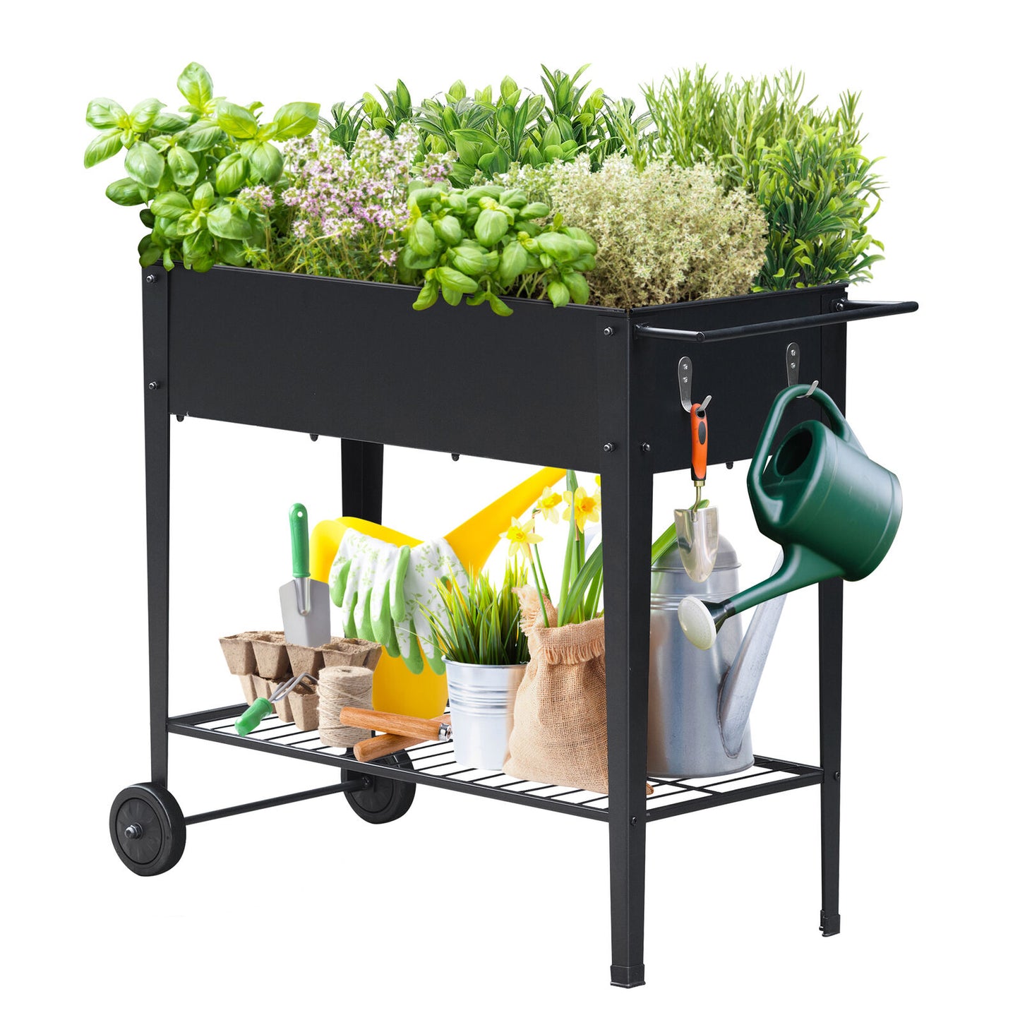 3.1ft x 1ft Raised Mobile Garden Bed Cart Metal Planter Box W/Wheels HandleBar