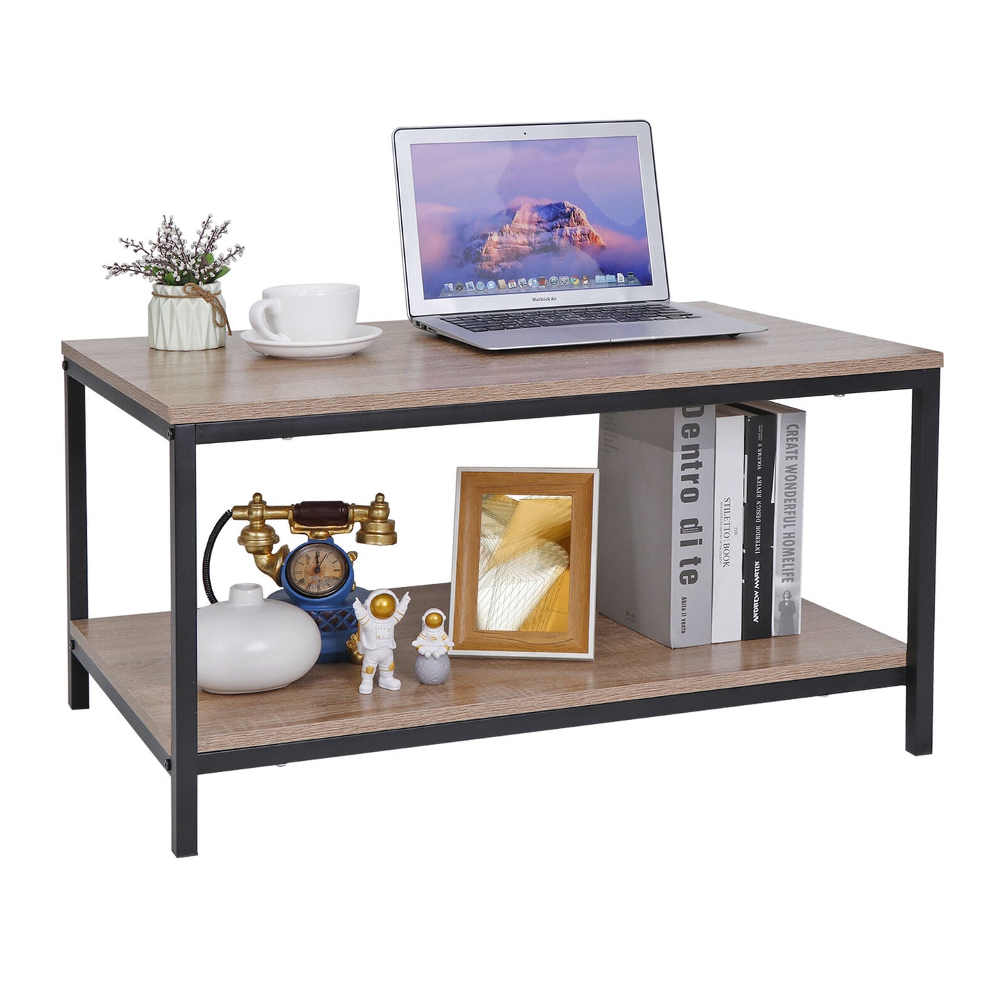 Coffee Table Industrial Cocktail Table with Storage Shelf Livingroom Natural