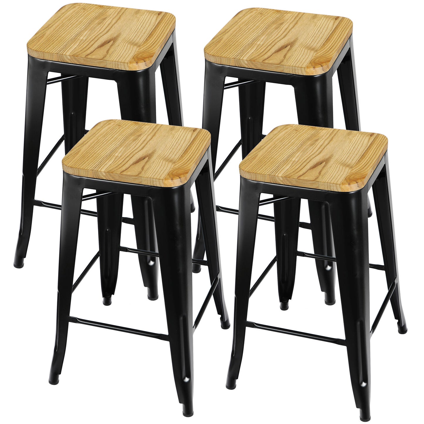 Set of 4 Metal Counter Bar Stools Pub Industrial 26" Height w/ Wood Seat 330LB