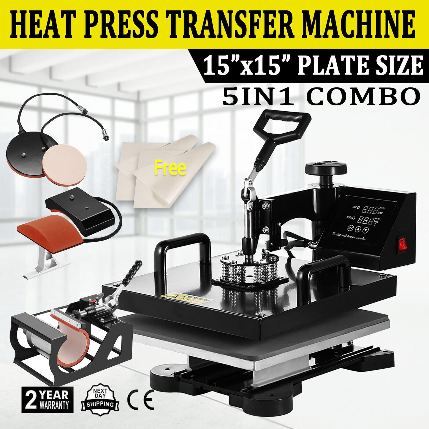 Combo T-Shirt Printing Heat Press Machine 15"x15" 5 IN 1 Transfer Sublimation