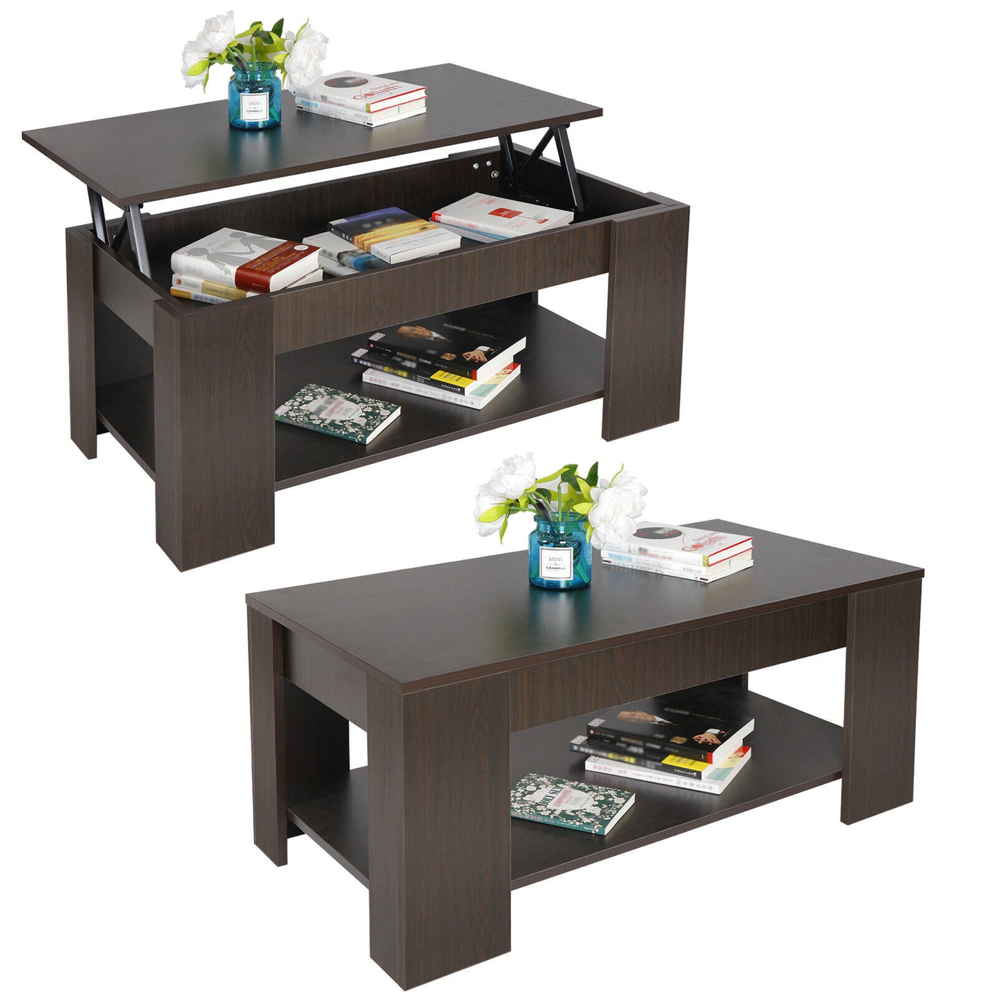 Multifunctional Coffee Table Lift-up Top Hidden Storage Compartment Lower Shelf
