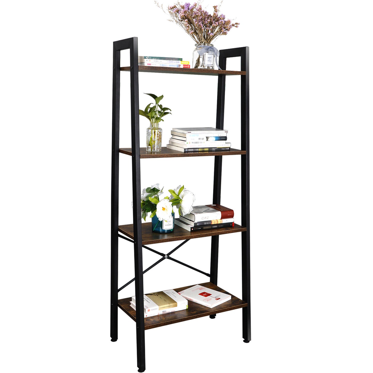 Multifunctional 4 Shelf Bookcase Ladder Plant Flower Stand Rack Storage Brown