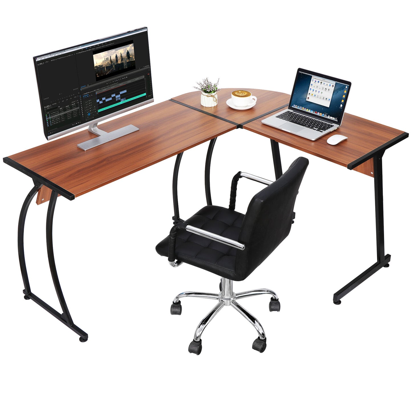 L Shaped Bright Walnut Desk Corner Computer Gaming Laptop Table Workstation Home