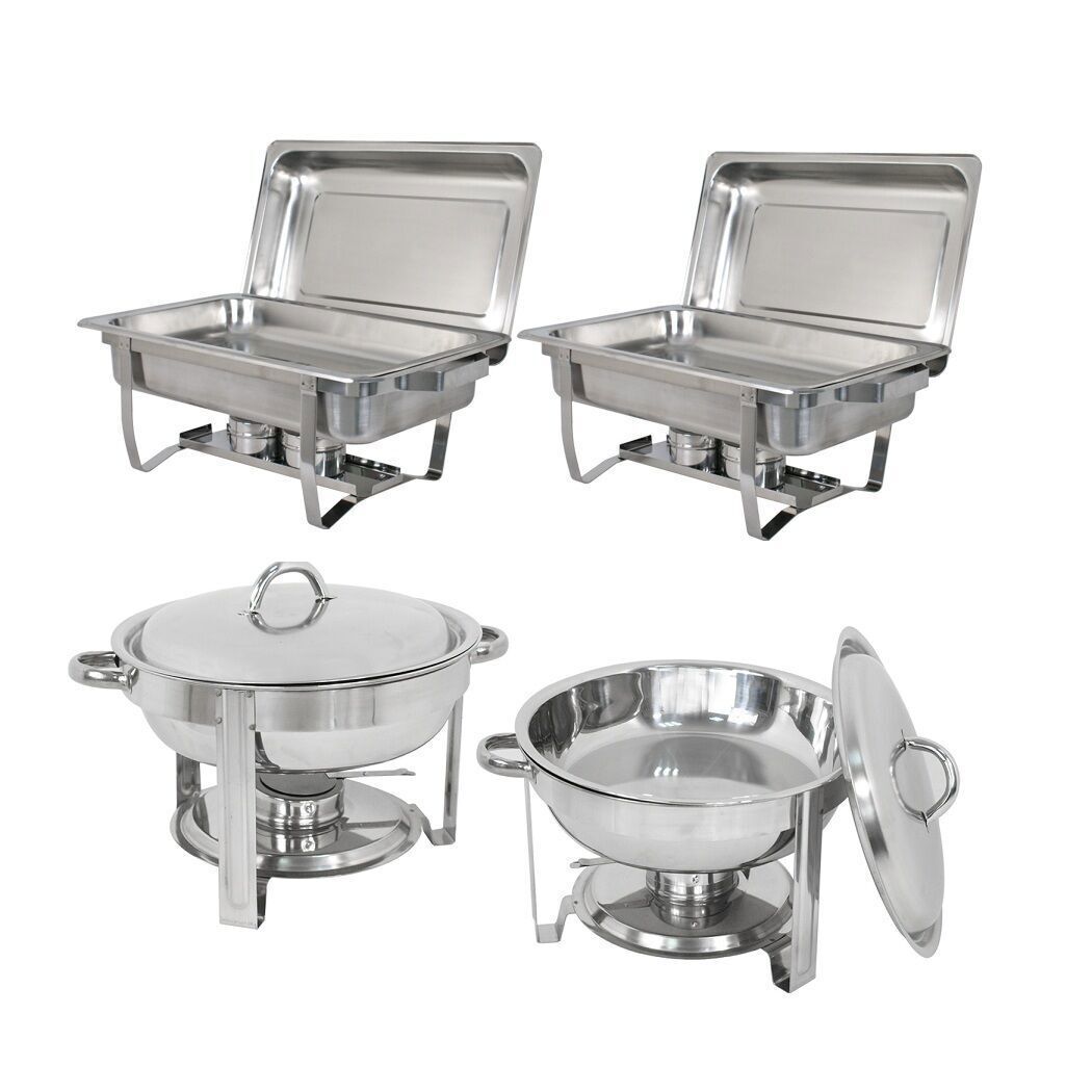 Stainless Steel Buffet Set 2 Round 5QT Chafing Dish + 2 8QT Rectangular Chafers